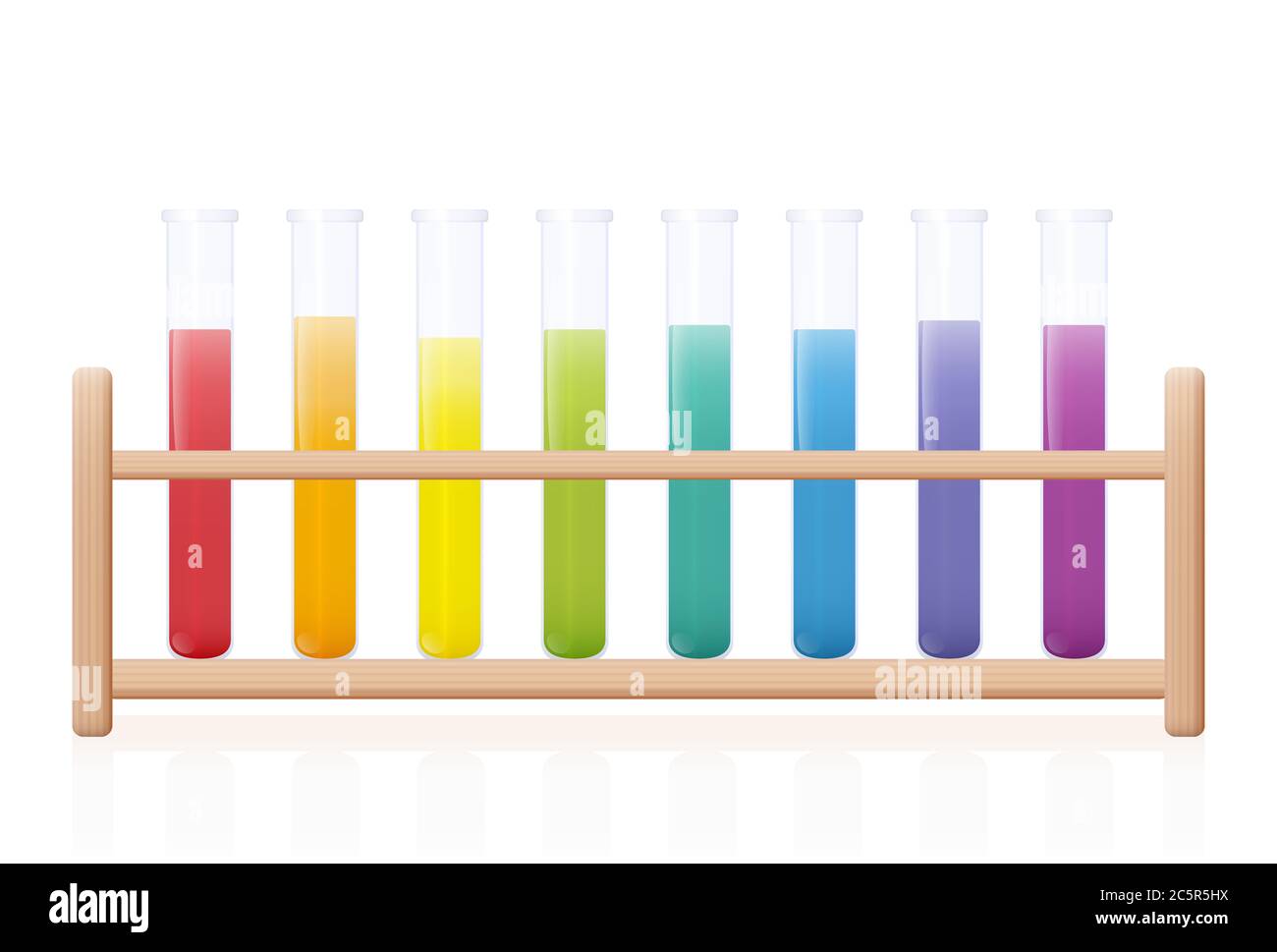 Reagenzglasgestell mit regenbogenfarbenen Substanzen. Holzhalter mit bunten Flüssigkeiten in acht Laborglasröhrchen - Abbildung auf weiß. Stockfoto