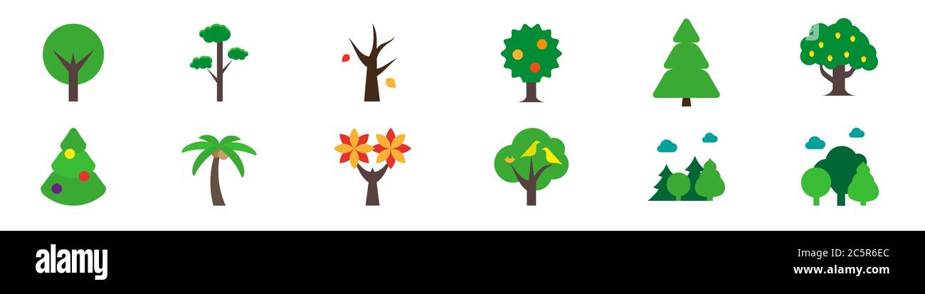 Vektorbäume flach Symbol gesetzt. Rundkronenbaum, Kiefer, toter Baum, Apfelbaum, Fichte, Eiche, geschmückter weihnachtsbaum, Palme, Akazie, Vogelfamilie, gemischt und Stock Vektor
