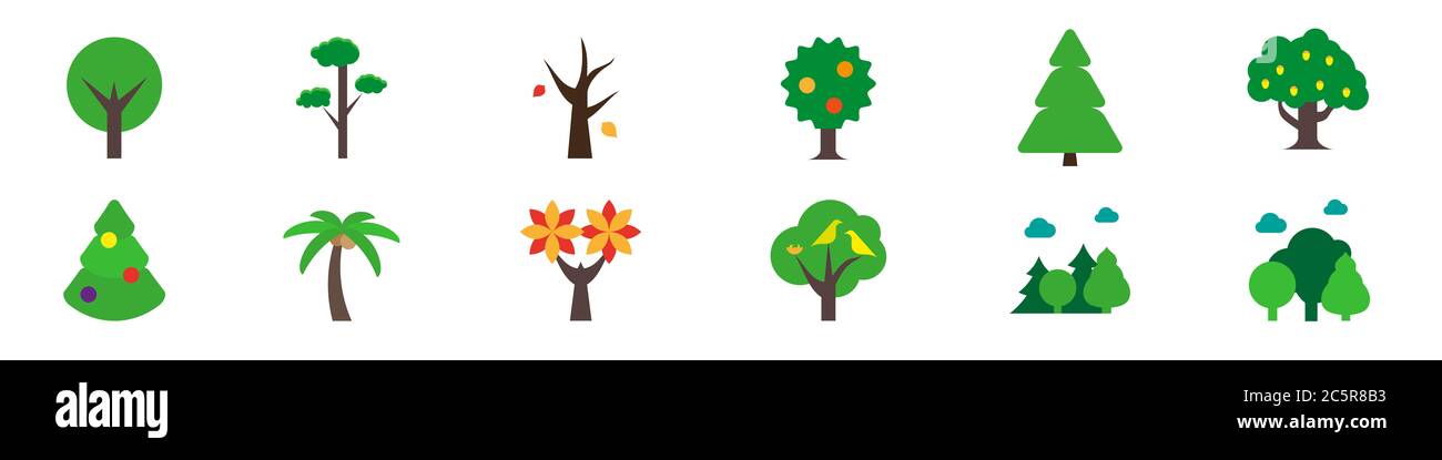 Bäume flach Symbol gesetzt. Rundkronenbaum, Kiefer, toter Baum, Apfelbaum, Fichte, Eiche, geschmückter weihnachtsbaum, Palme, Akazie, Vogelfamilie, gemischt und dechicdu Stockfoto