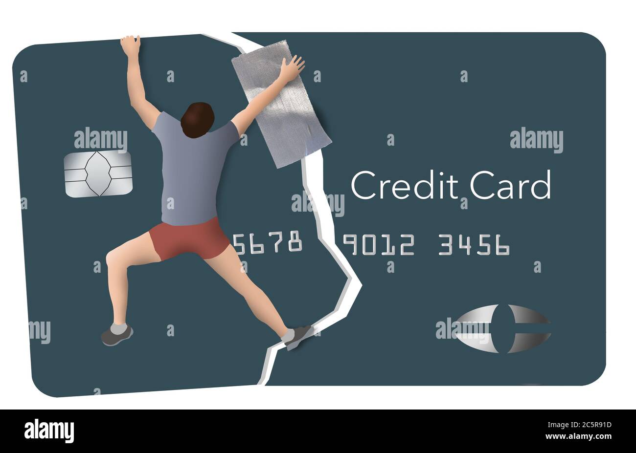 Ein Mann benutzt Klebeband, während er versucht, seine Gutschrift zu reparieren, indem er eine gebrochene Kreditkarte zusammenklebt. Stockfoto