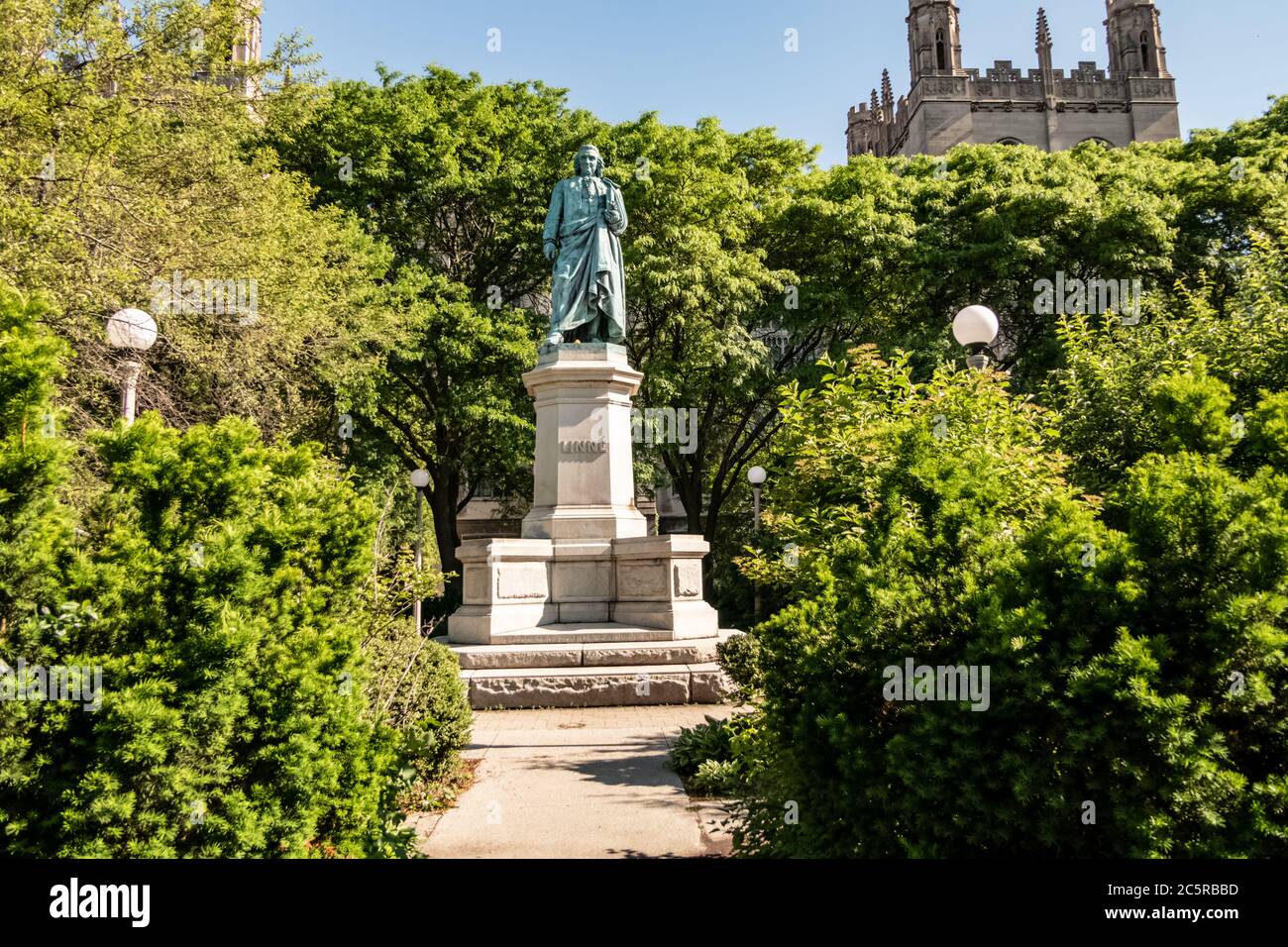 Carl von Linné Denkmal auf der Midway Plaisance am Campus der Universität Chicago - Vater der modernen Taxonomie. Stockfoto