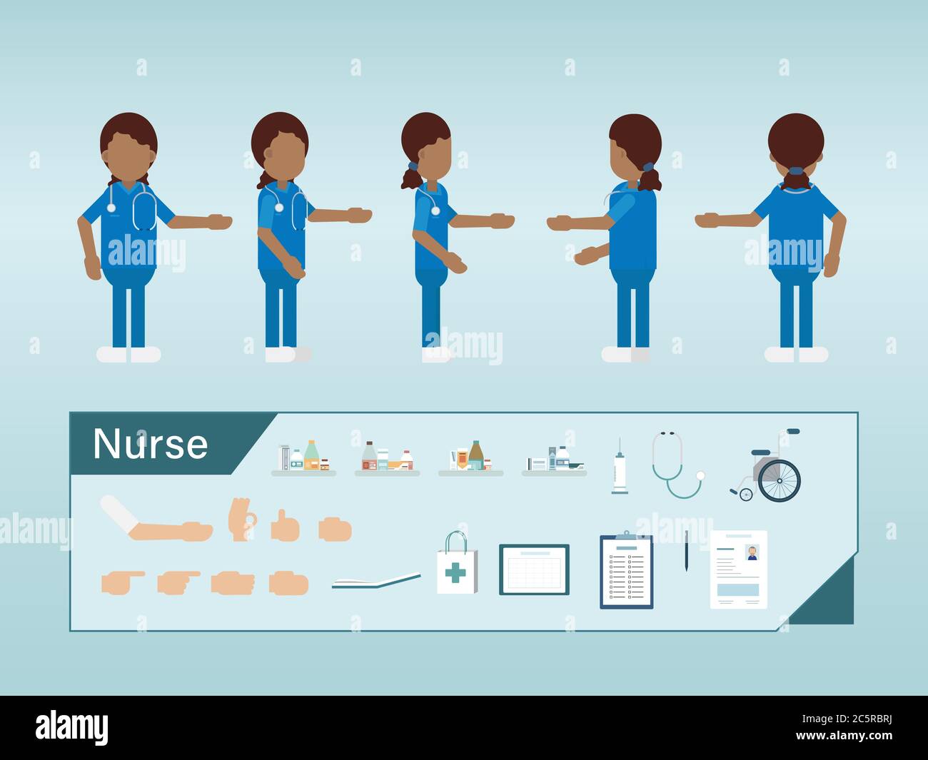 Satz von weiblichen afroamerikanischen Krankenschwester Zeichen tragen blaue einheitliche flache Design Vektor Illustration Stock Vektor