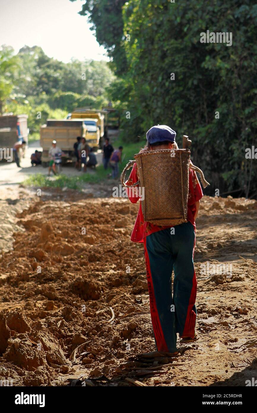 Eine Bäuerin, die als Straßeninfrastruktur am Straßenrand läuft, wird in einem abgelegenen Gebiet innerhalb der Kapuas Hulu Regentschaft, Provinz West Kalimantan, Indonesien, entwickelt. Archivfoto (2012). Im abgelegenen Kalimantan verlassen sich lokale Gemeinden seit Jahrzehnten auf Flüsse und Wanderwegen für Mobilität und Transport. Der neue Straßenbau wird die Städte Melak (Provinz Ost-Kalimantan) und Putussibau (Provinz West-Kalimantan) auf seiner längsten Spannweite verbinden und soll mindestens die Hälfte der traditionellen Fahrzeit zwischen allen verbundenen Städten und Dörfern reduzieren. Stockfoto