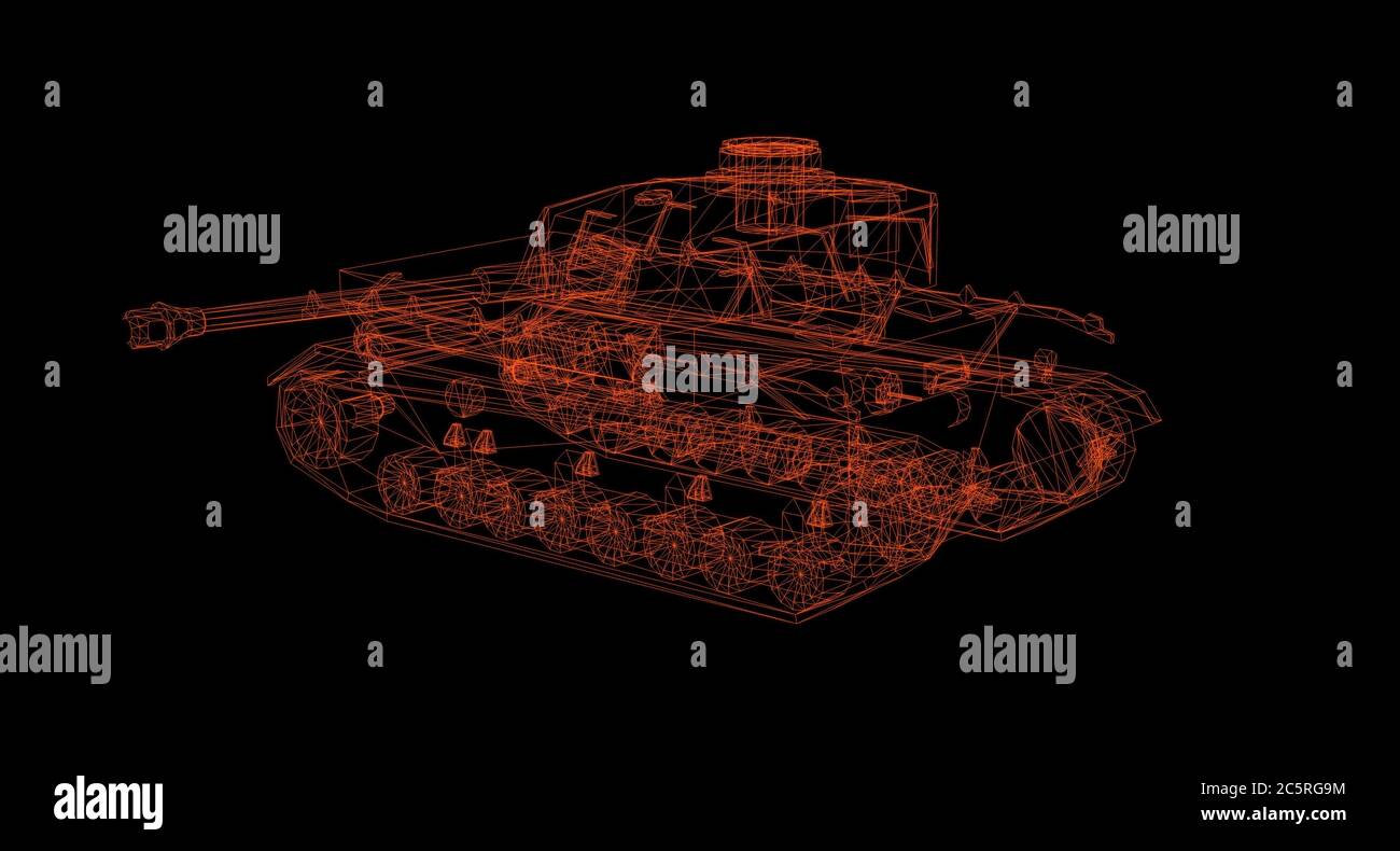 3d-Rendering - Drahtmodell des Tank-Hologramms in Bewegung. Stockfoto