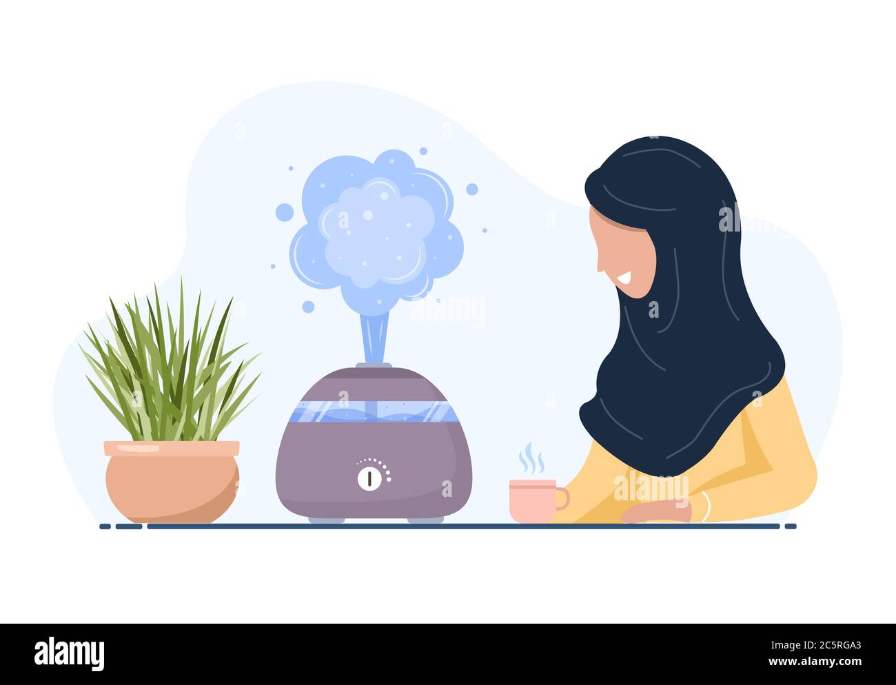 Ultraschall-Luftbefeuchter mit Haustüften. Die arabische Frau genießt die frische feuchte Luft zu Hause. Haushaltsgeräte für einen gesunden Lebensstil. Moderner Vektor Stock Vektor