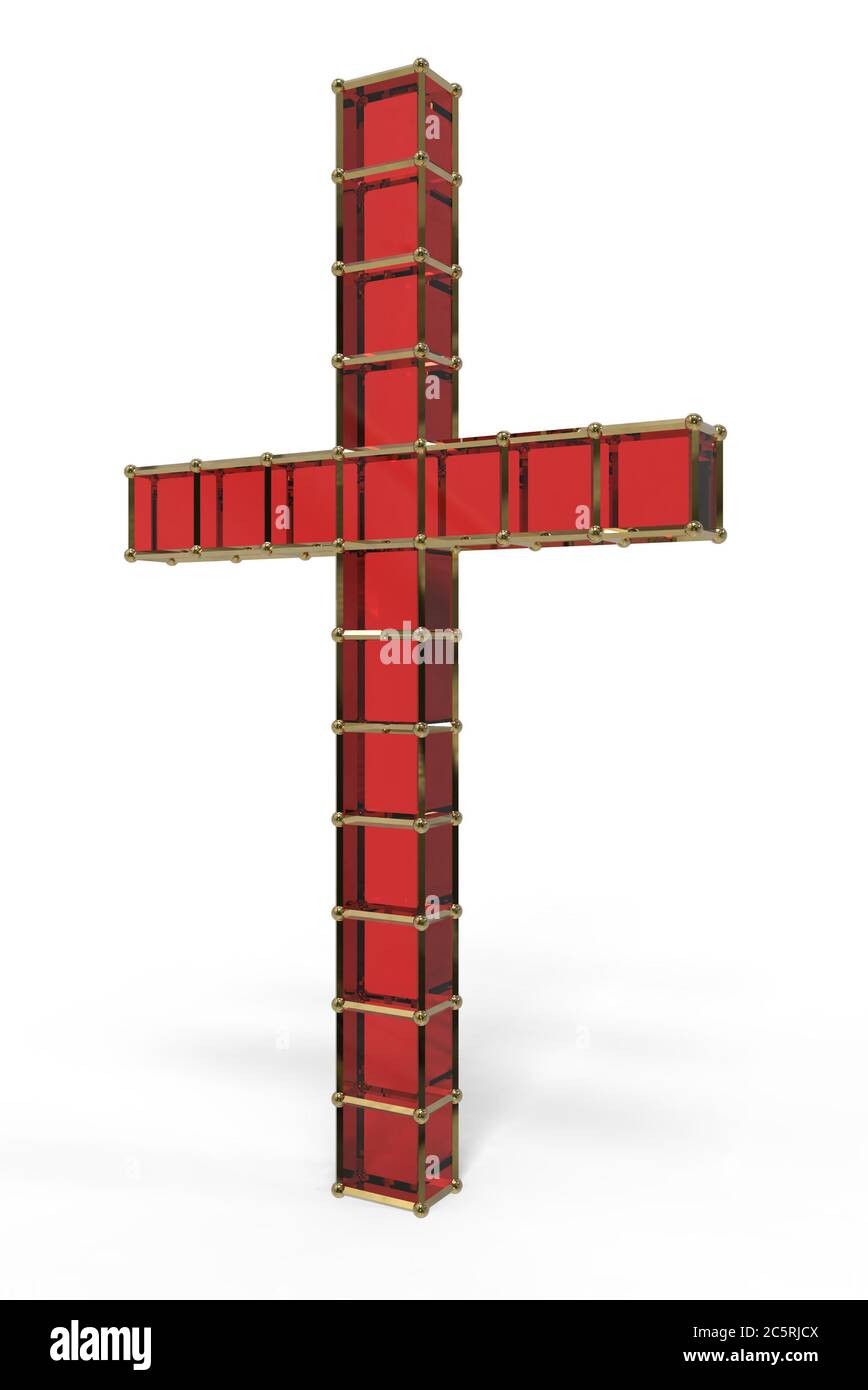 3d-Rendering von glänzenden Luxus-Glas Saphir Religion Kreuz mit Kanten mit goldenen Draht eingerahmt, isoliert auf weißem Hintergrund Stockfoto