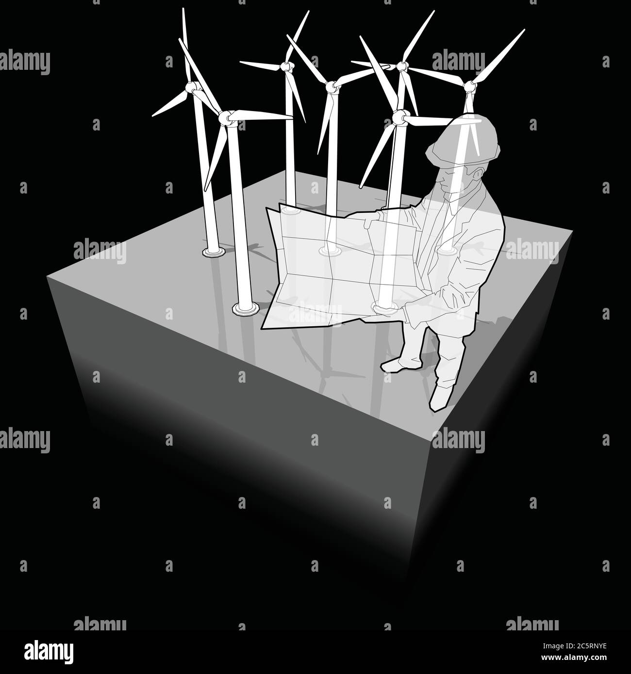 Diagramm eines Windparks mit einem Architekten oder Ingenieur, der einen Planungsplan hält Stock Vektor