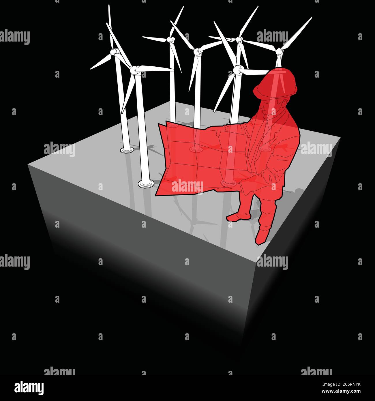Diagramm eines Windparks mit einem Architekten oder Ingenieur, der einen Planungsplan hält Stock Vektor