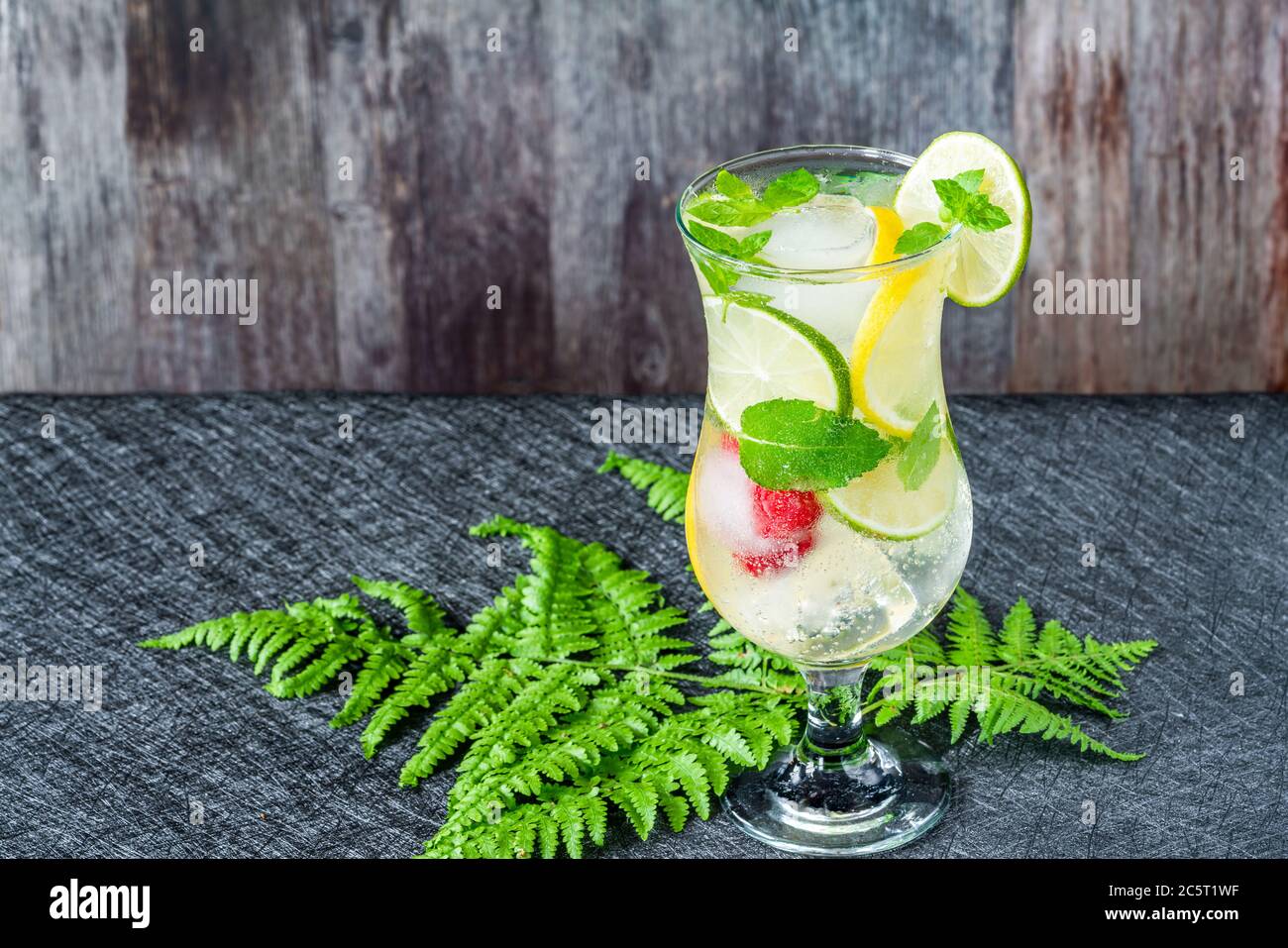 Limonade mit fruchtigen Eiswürfeln und Minze - erfrischendes alkoholfreies Sommergetränk Stockfoto