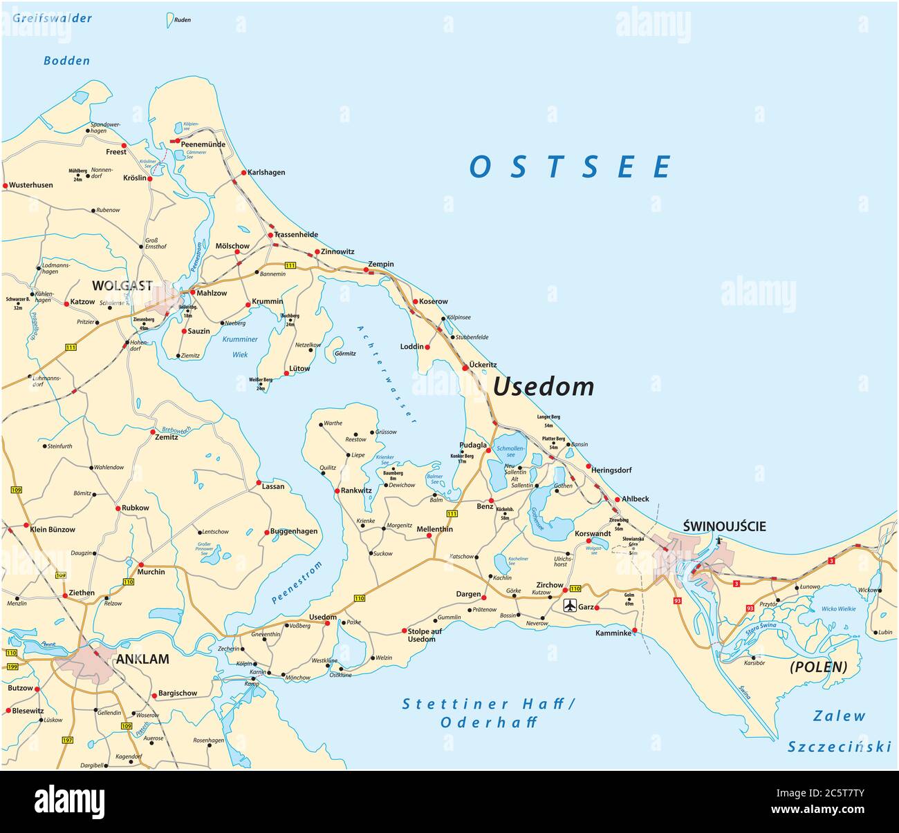 Strassenvektorkarte der Ostseeinsel Usedom in deutscher Sprache, Deutschland, Polen Stock Vektor