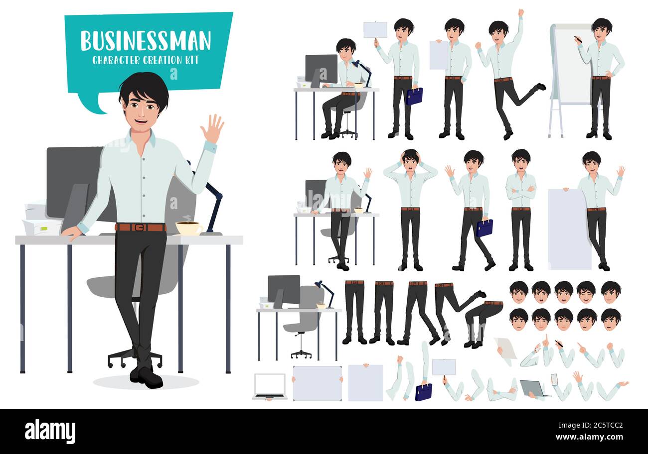 Geschäftsmann Charakter Erstellung Kit und Vektor-Set. Business man junge asiatische männliche Zeichen Büroangestellte mit editierbaren Körperteile im Schreibtisch. Stock Vektor