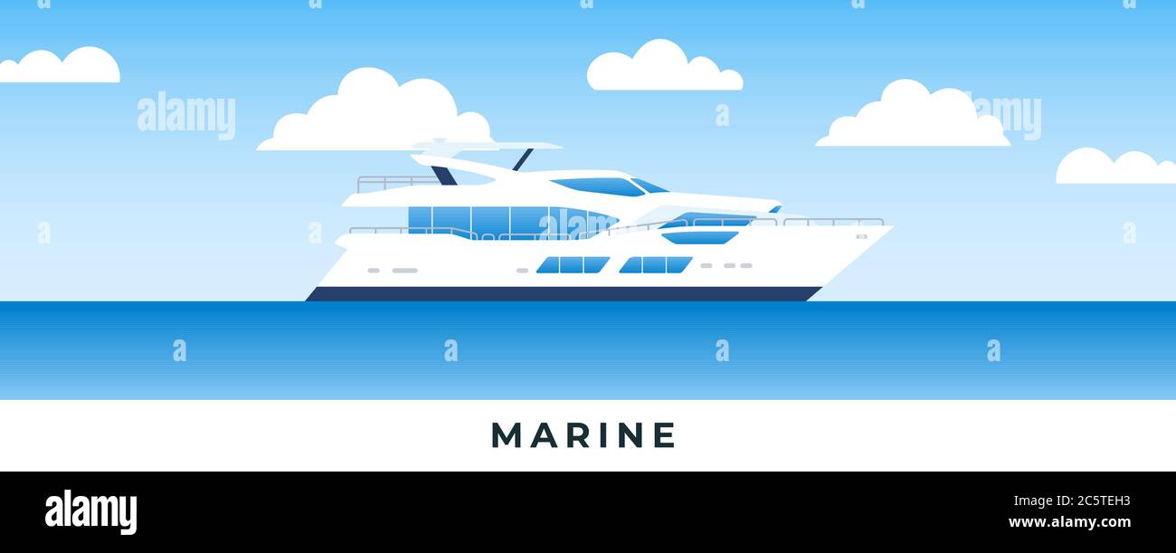 Boot im Meer. Flache Vektorgrafiken. Marine Passagier Motorboot im Hintergrund Meer und Himmel. Stock Vektor