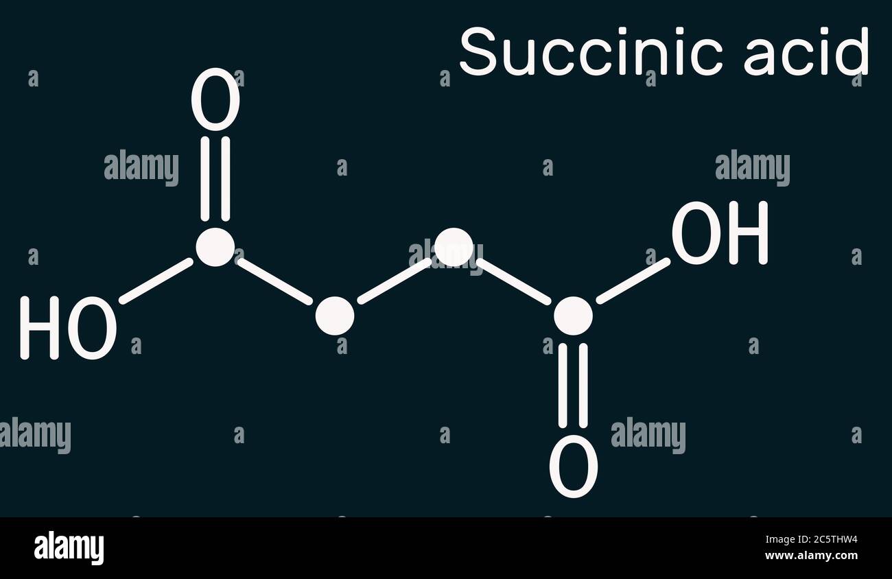 Bernsteinsäure, Butandiosäure, C4H6O4-Molekül. Es ist Lebensmittelzusatzstoff E363.das Anion, Succinat, ist Bestandteil von Zitronensäure oder TCA. Skelettchemikalien Stockfoto