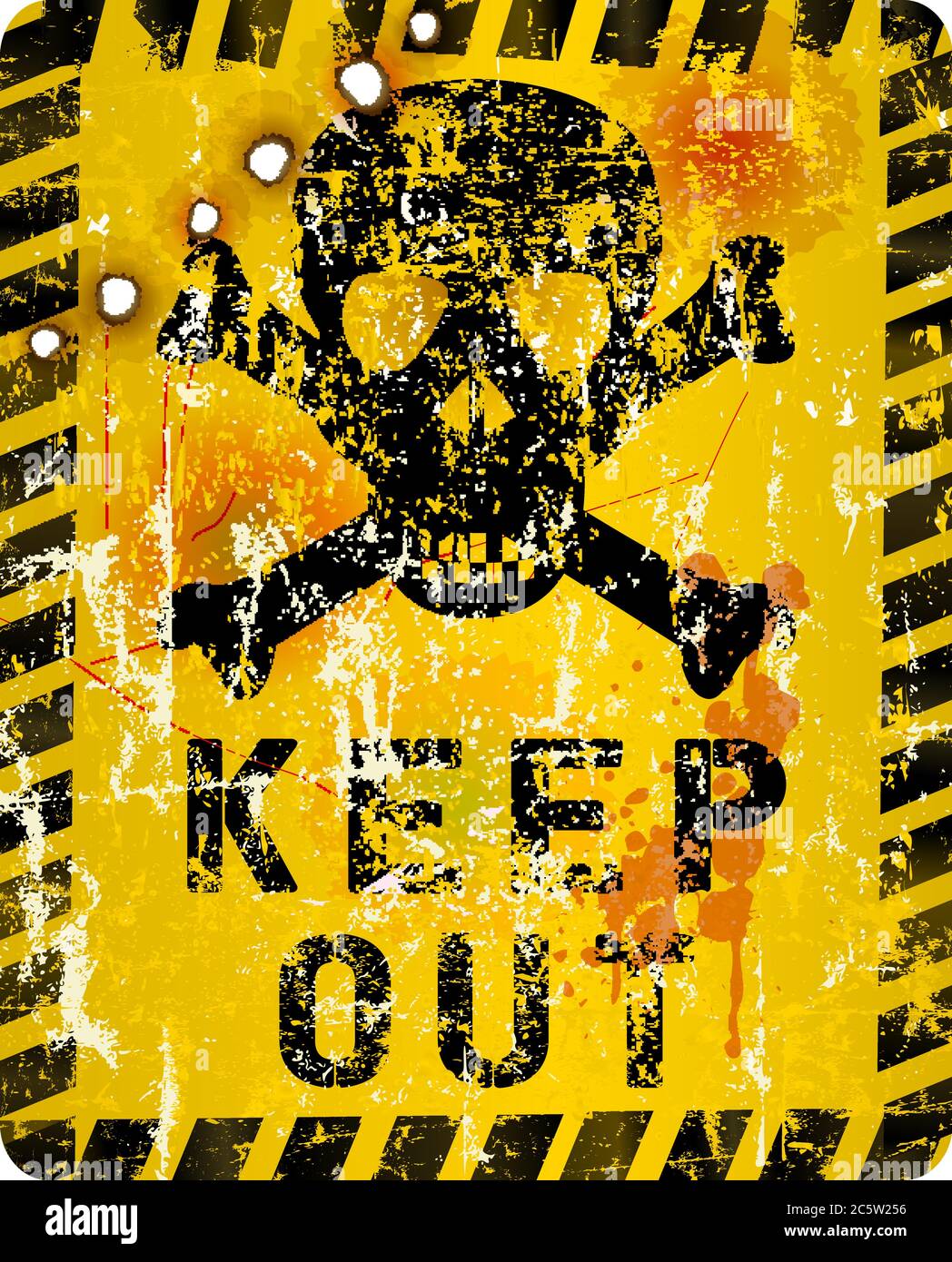 Grungy Keep Out Zeichen mit Schädel und Bullet Löcher, Vektor-Illustration Stock Vektor