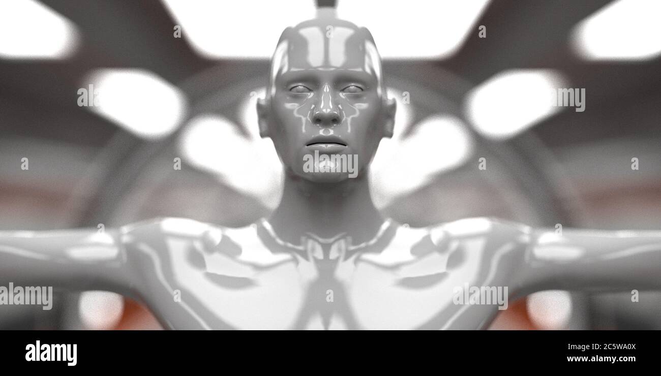 3d-Rendering. Futuristische Szene und humanoide Figur Stockfoto