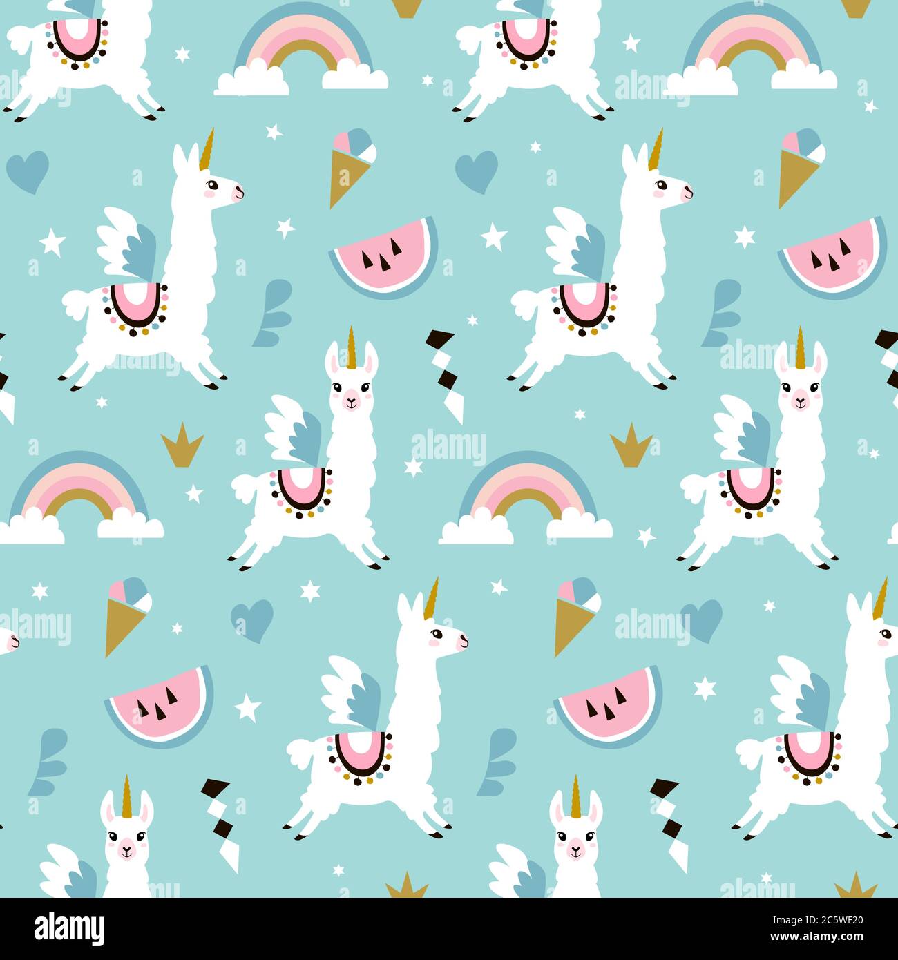 Niedliches Einhorn-Lama (Alpaka) Nahtloses Muster. Vektorgrafik. Stock Vektor