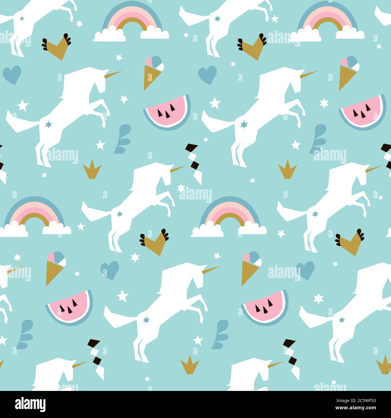 Nahtloses Muster mit Einhörnern, Wolken, Sternen, Diamant, Eis. Vektorgrafik Hintergrund Stock Vektor