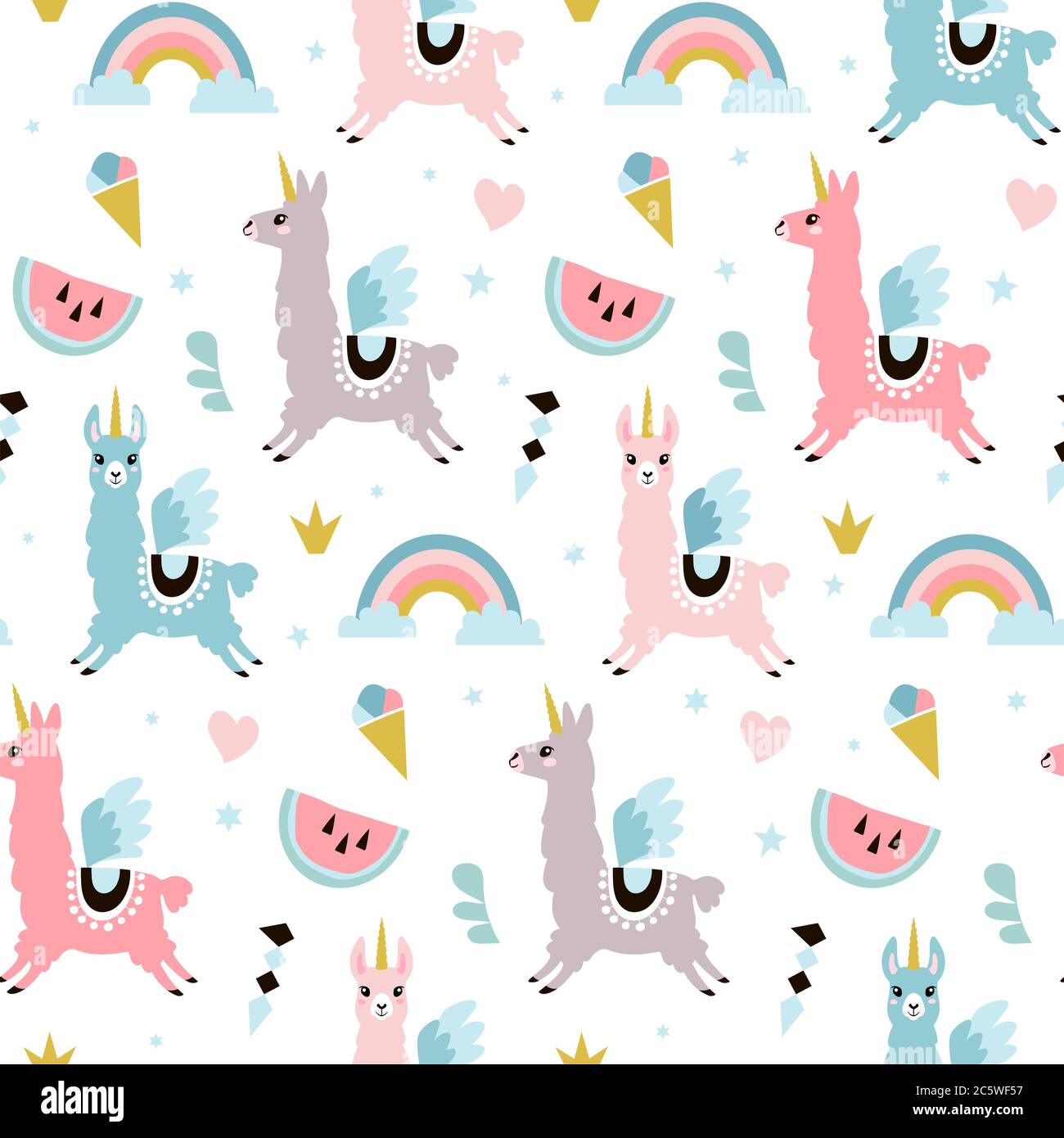 Niedliches Einhorn-Lama (Alpaka) Nahtloses Muster. Vektorgrafik. Stock Vektor