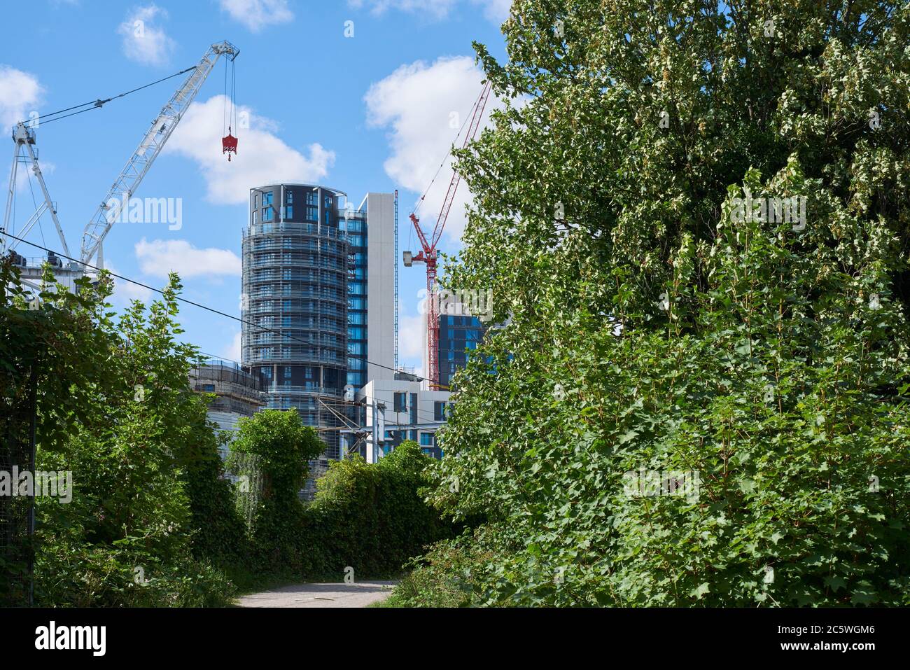 Die neue City North Wohnanlage im Finsbury Park, North London UK, vom Fußweg zum Gillespie Park Nature Reserve in Highbury aus gesehen Stockfoto