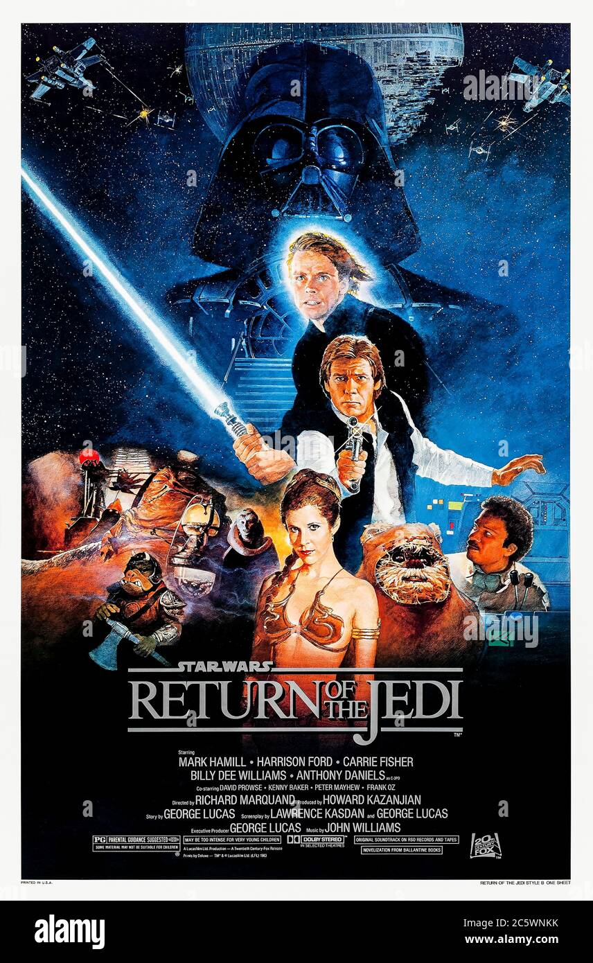 Star Wars: Episode VI - Return of the Jedi (1983) Regie: Richard Marquand mit Mark Hamill, Harrison Ford, Carrie Fisher und Ian McDiarmid. Die Star Wars-Saga geht weiter und Luke Skywalker konfrontiert Darth Vader und den Kaiser. Stockfoto