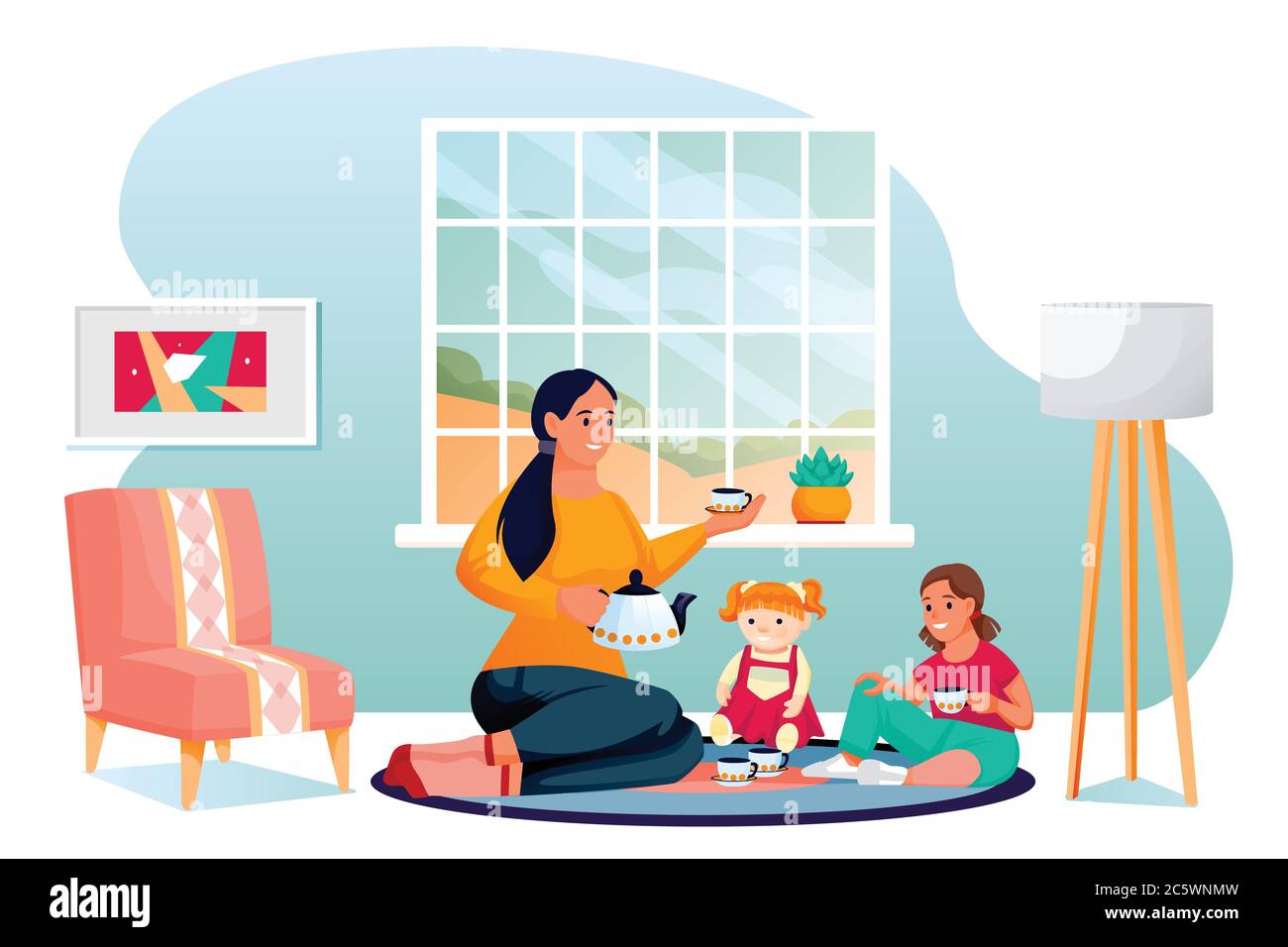 Glückliche Mutter und Tochter spielen mit Puppe. Mutter und kleines Mädchen sitzen im Kinderzimmer und spielen Spielzeug. Vektorzeichen. Familienleisu Stock Vektor