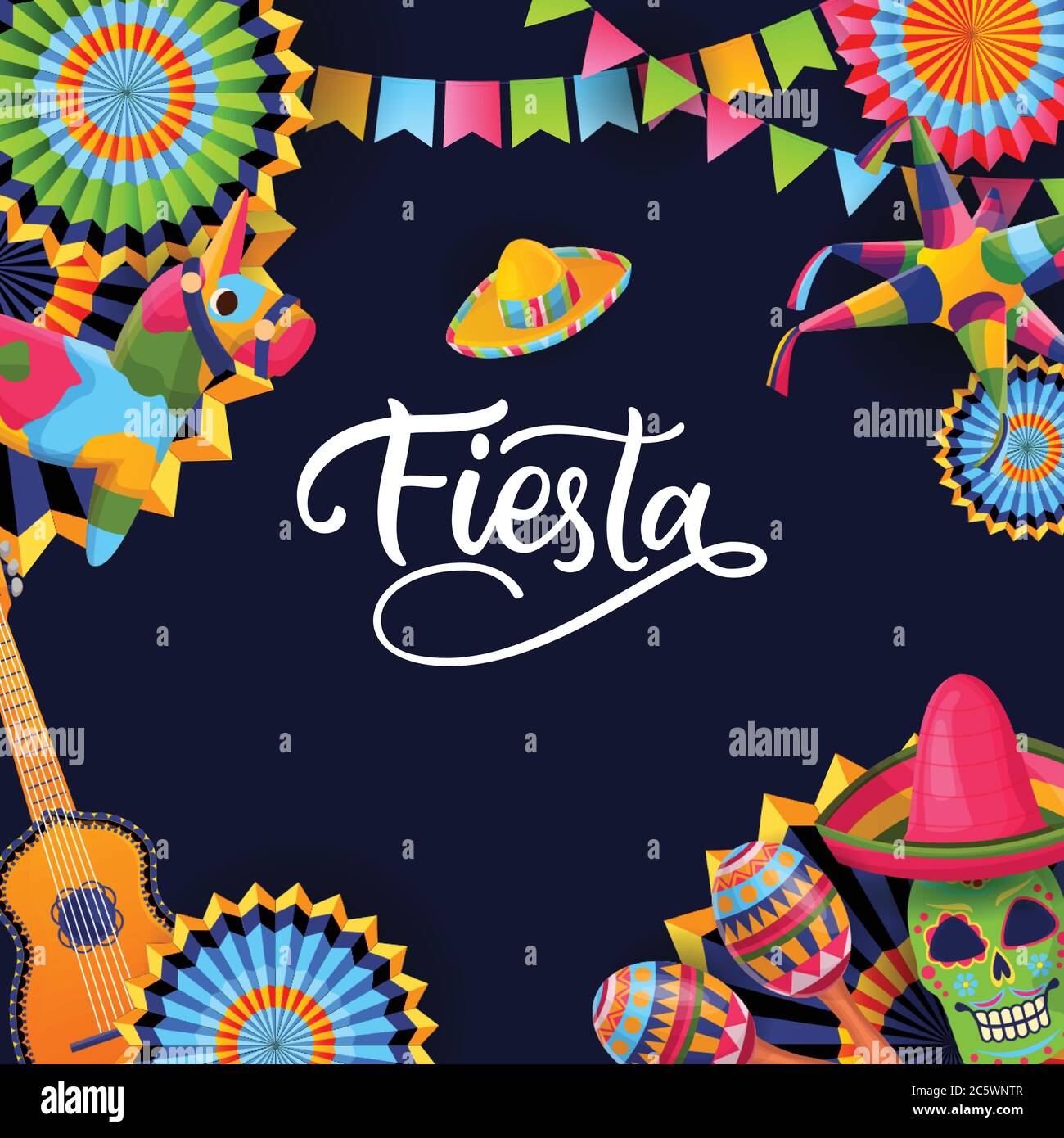 Fiesta Cinco de Mayo quadratischen schwarzen Hintergrund. Poster oder Grußkarte mit Kalligraphie-Schriftzug und mexikanischen nationalen Symbolen. Banner des Stock Vektor