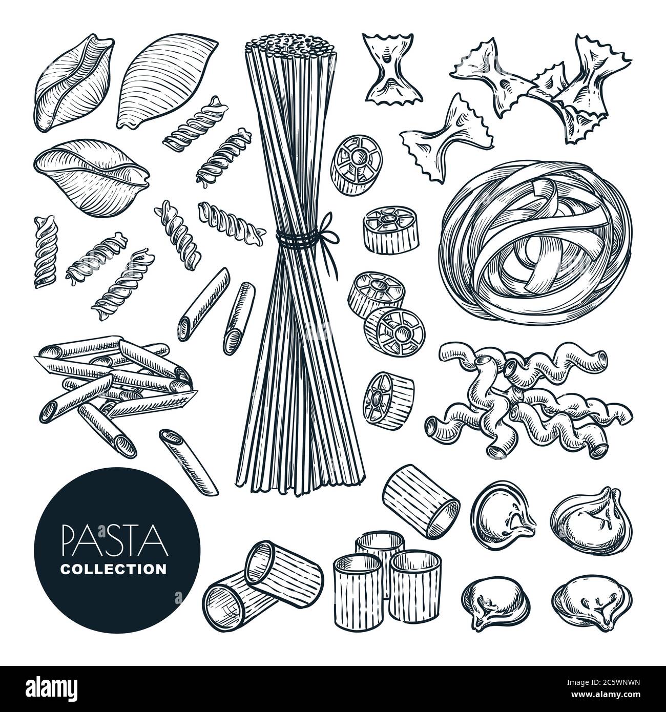 Hausgemachte Pasta-Sammlung isoliert auf weißem Hintergrund. Vektor Skizze Macaroni Illustration. Italienische Küche Food Icons gesetzt. Handgezeichnetes Vintage-Design Stock Vektor