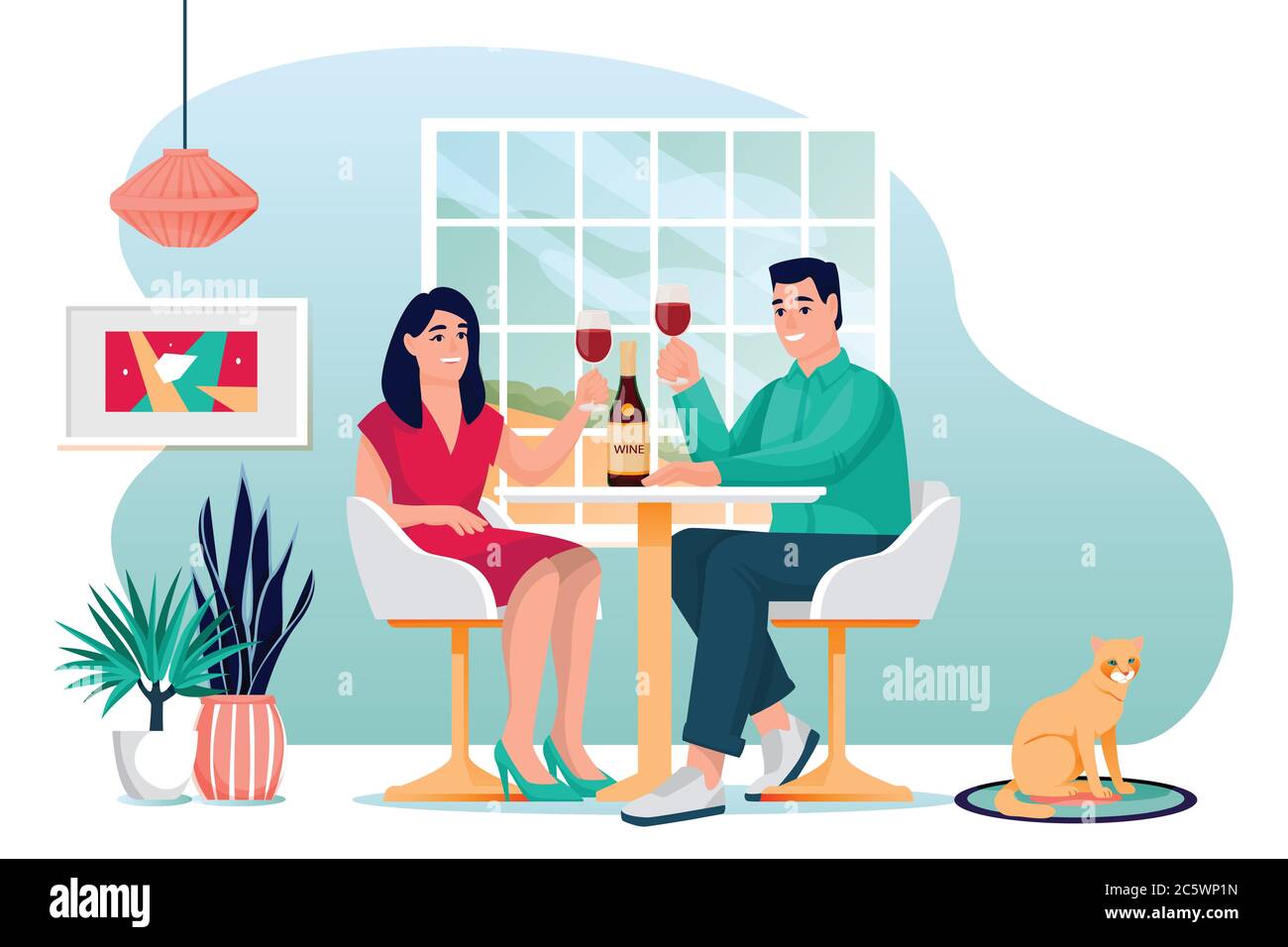 Junges Paar bleibt zu Hause und trinkt Rotwein am Tisch. Mann und Frau haben ein romantisches Mittag- oder Abendessen. Vektor Wohnung Cartoon Familie Zeichen illustraa Stock Vektor