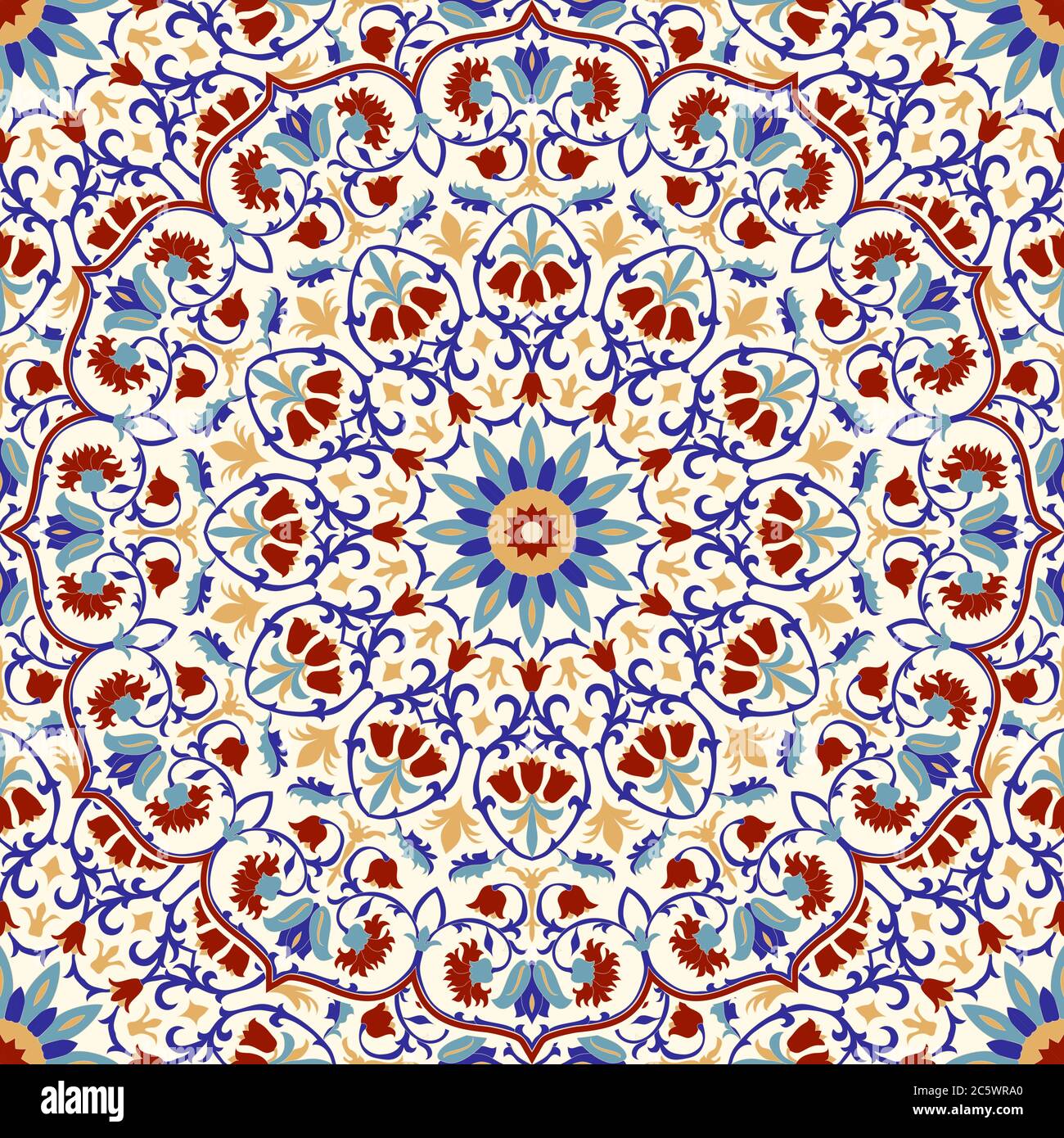 Handgezeichnetes Mandala mit Blumenmuster. Türkisches Motiv. Runder, farbenfroher Blumenschmuck im traditionellen orientalischen Muster. Dekoratives Element für Karten-Design, Keramik. Stock Vektor