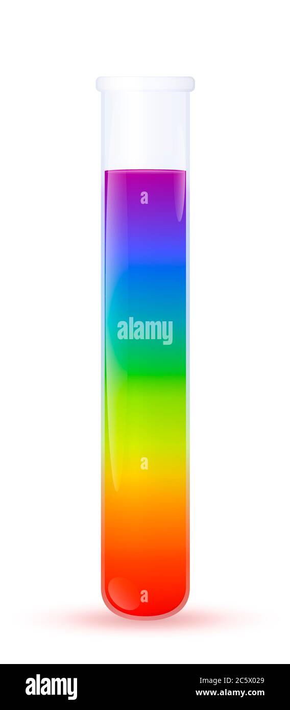 Reagenzglas mit Regenbogen-Farbstoff, Symbol für lustige chemische Experimente oder Mischungen, für lustige und neugierige Wissenschaftler. Stockfoto