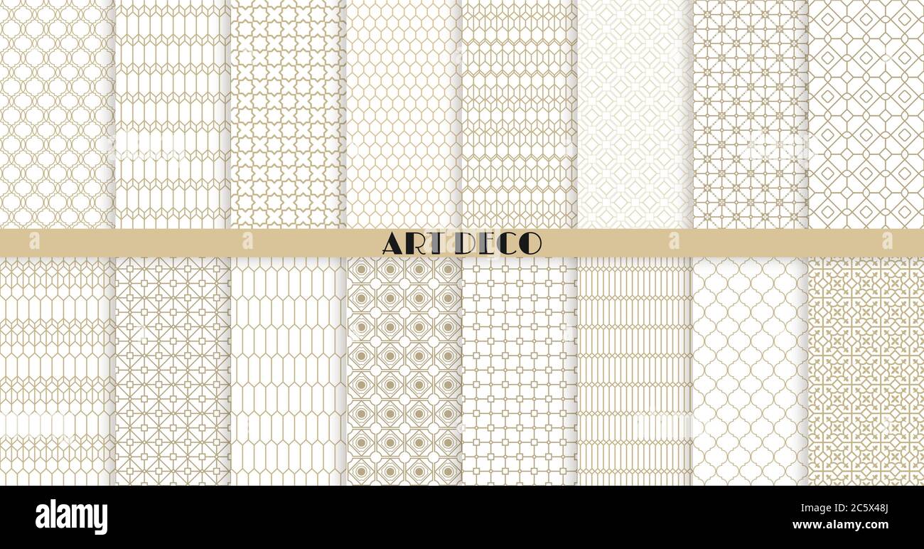 Vektor Art Deco nahtlose Muster Kollektion. Set von 16 geometrischen Ornamenten in Gold. Modernes Design für Tapete, Stoff, Website Hintergrund Stock Vektor