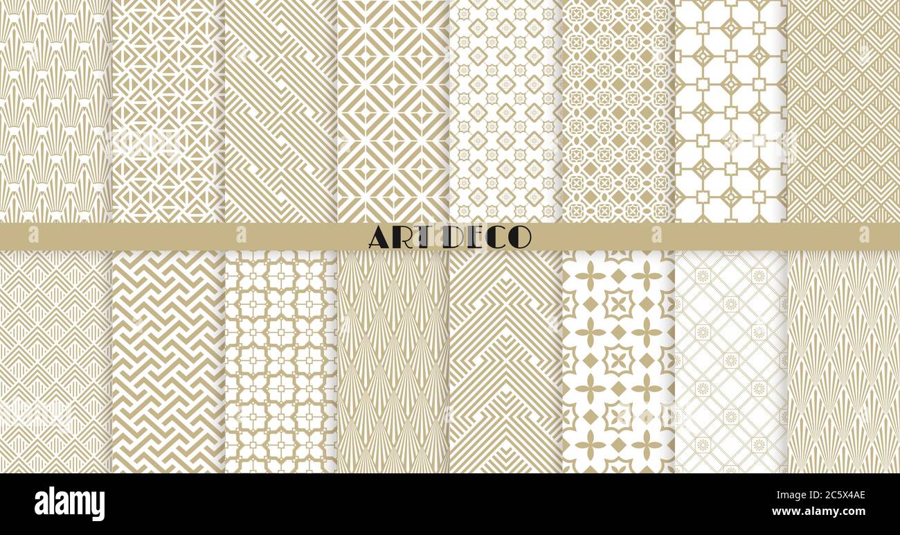 Vektor Art Deco nahtlose Muster Kollektion. Set von 16 geometrischen Ornamenten in Gold. Modernes Design für Tapete, Stoff, Website Hintergrund Stock Vektor