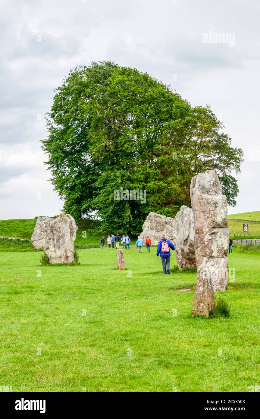 Menschen, die um die Überreste des prähistorischen Steinkreises in Avebury in Wiltshire wandern. Stockfoto