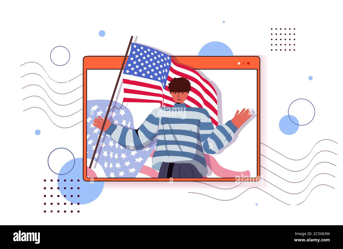 Mann hält usa Flagge feiert 4. Juli amerikanischen Unabhängigkeitstag Konzept Web-Browser Fenster Porträt horizontale Vektor Illustration Stock Vektor