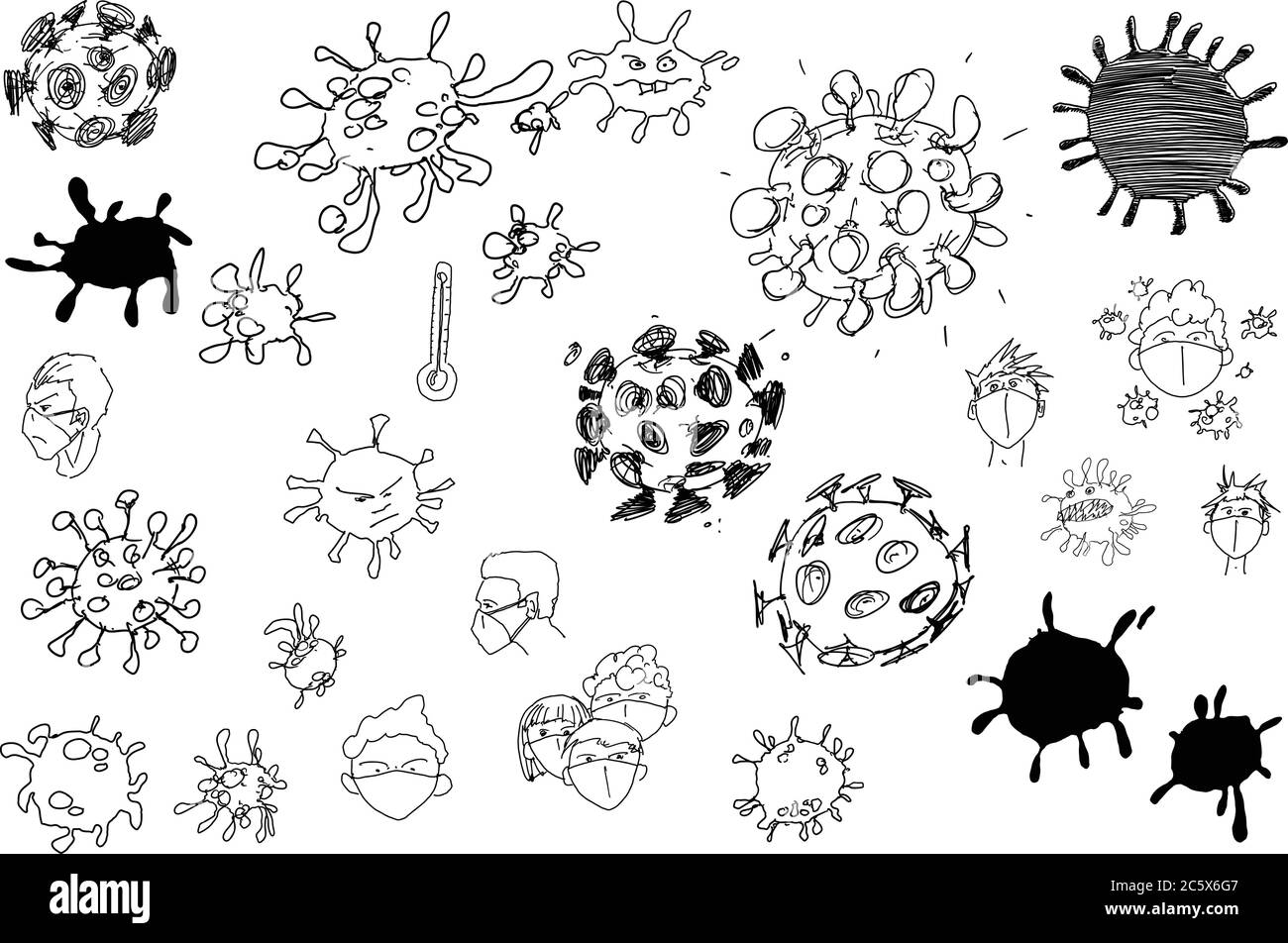 Viele handgezeichnete Skizzen Coronavirus und Menschen in Gesichtsmasken Stock Vektor