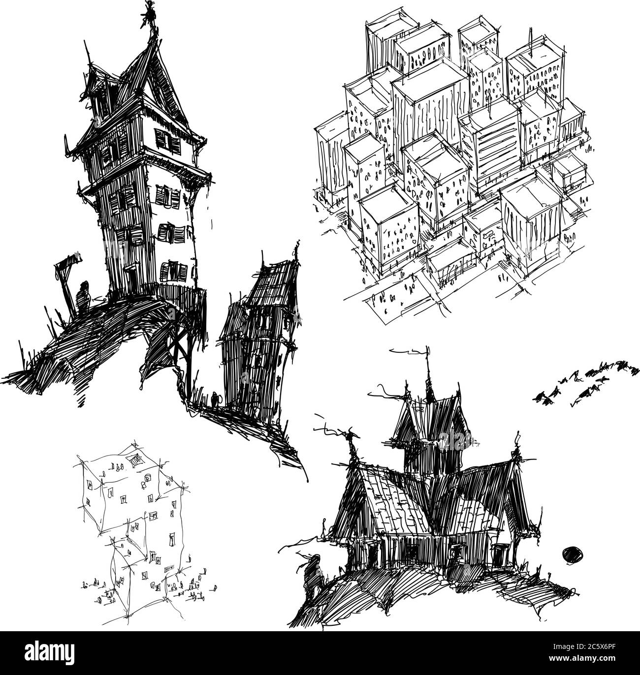 Vier handgezeichnete Architekturskizzen einer modernen abstrakten Architektur und fantastische alte Haus und generische Stadt Urbanismus Struktur und Gebäude Stock Vektor