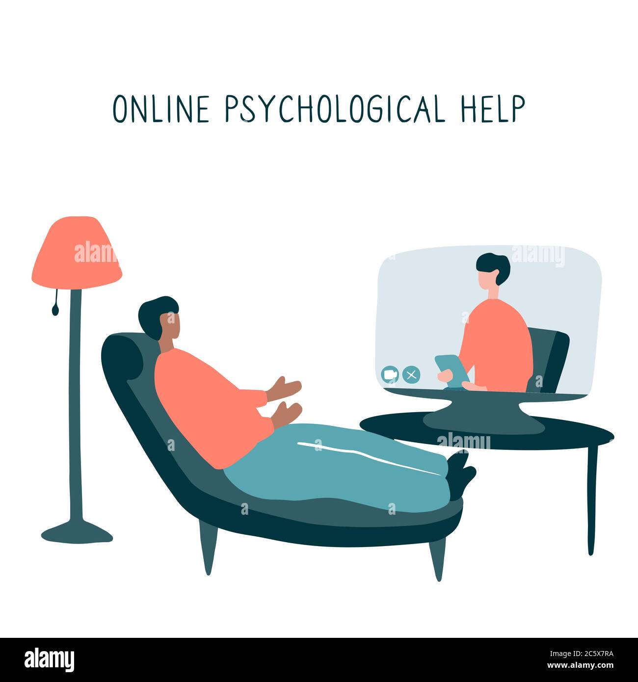 Der Mensch liegt auf der Couch und gießt seine Seele durch Videokommunikation an den Psychologen aus. Online Psychotherapie Praxis. Psychologische Hilfe aus der Ferne Stock Vektor