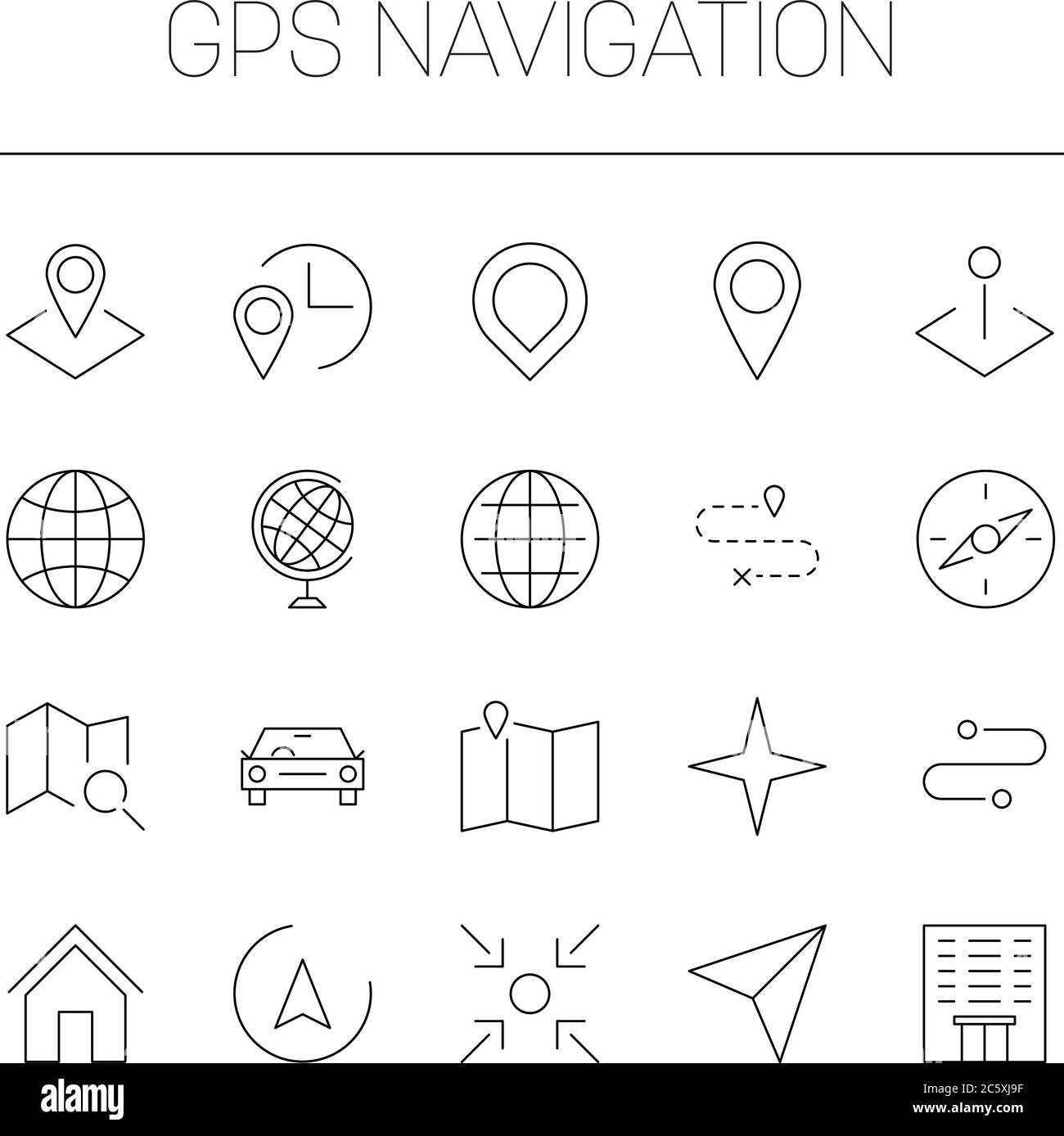 GPS-Navigation Thema - Karten, Zeiger, Pins, Globen, Routen und Kompass-Symbol. Einfache dünne Linie Vektor-Symbol-Set. Stock Vektor