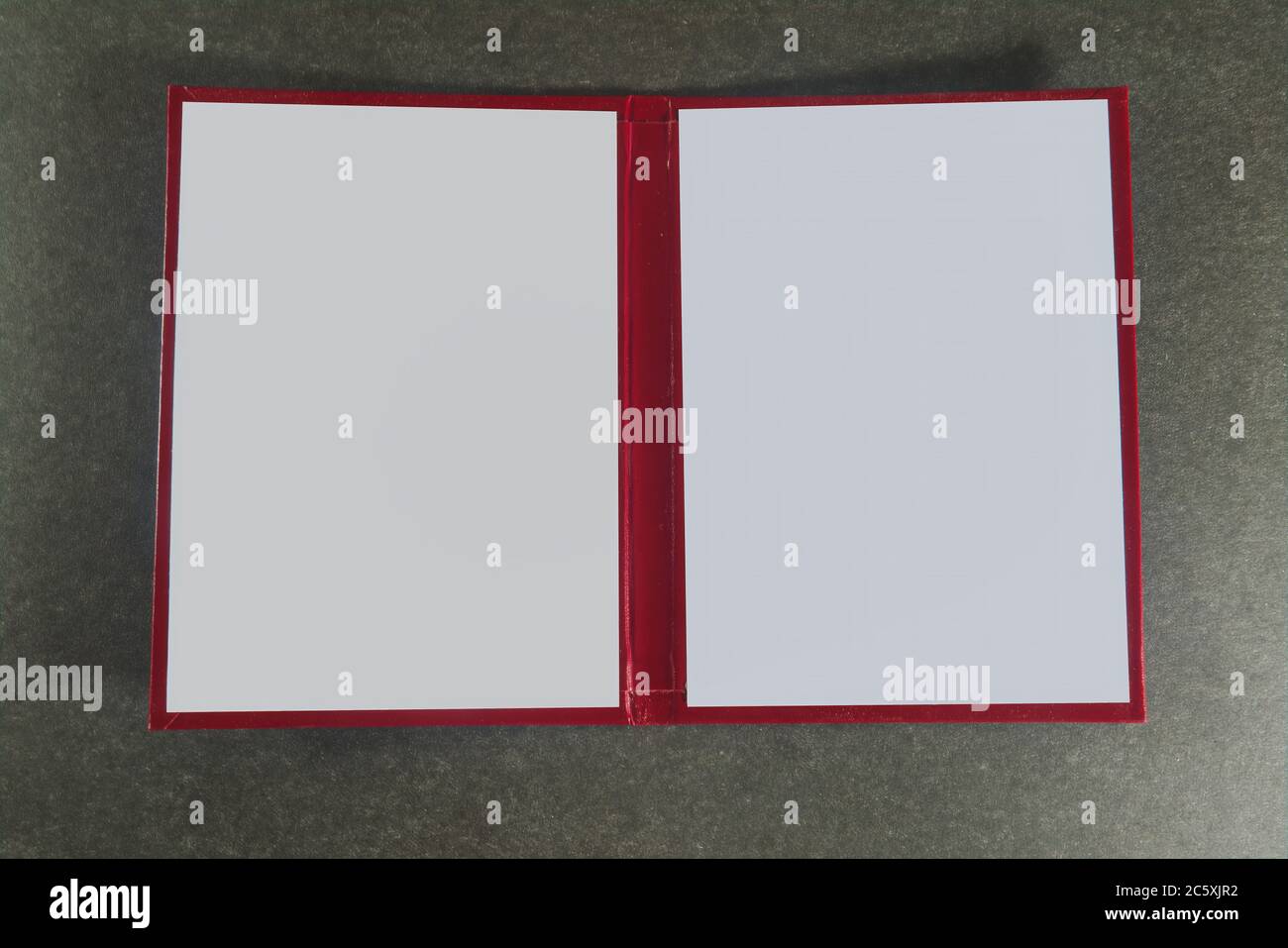 Geöffneter Buchdeckel auf dunklem Hintergrund in Nahaufnahme. Stockfoto