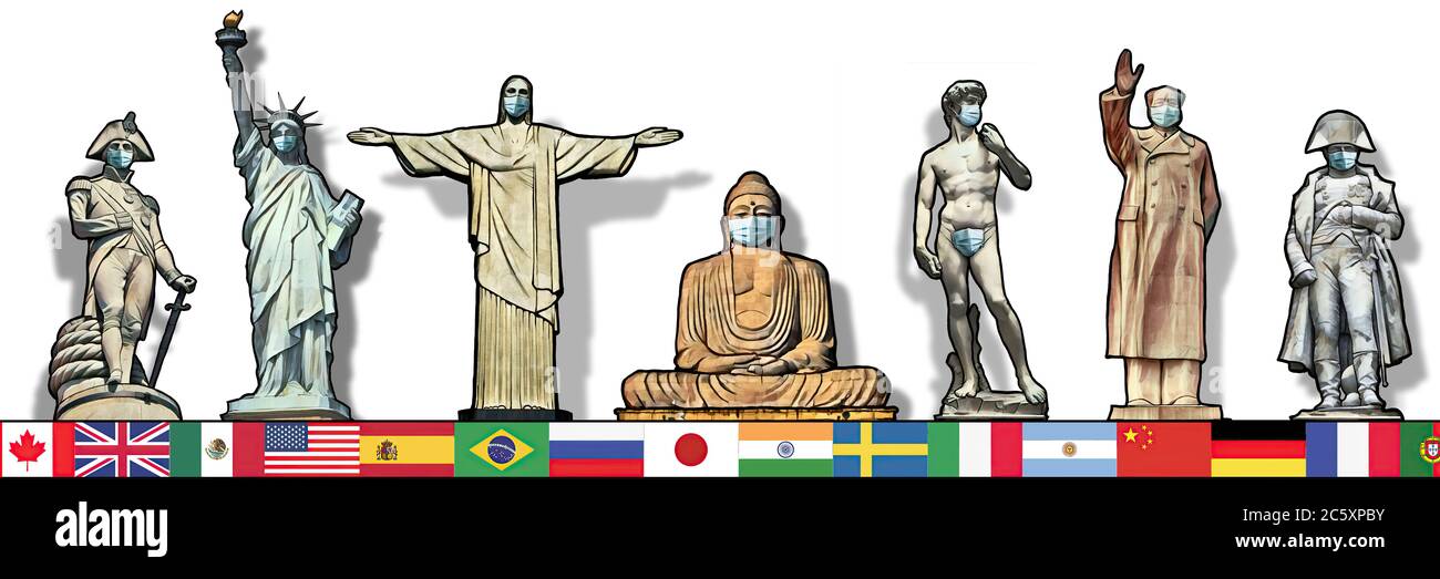 World Pandemie 2020, internationale Denkmäler mit chirurgischer Maske Stockfoto