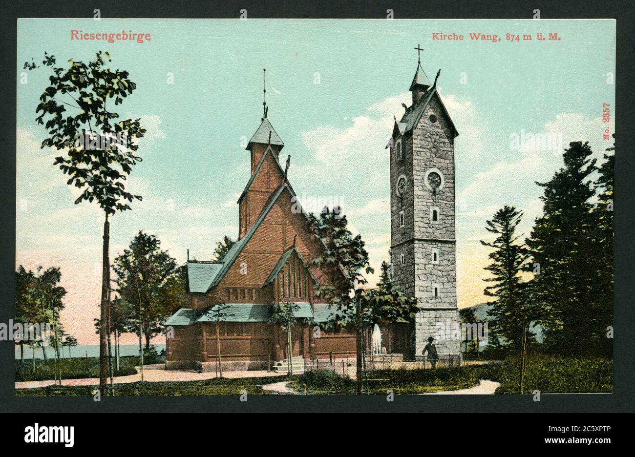 Europa, Polen, Woiwodschaft Niederschlesien, Karpacz, Riesengebirge, Kirche Wang, Postkarte, 1900er Jahre, Verlag: Franz Pietschmann, Kunstverlag , Görlitz . / Europa, Polen, Woiwodschaft Niederschlesien, Karpacz, Stabkirche Vang, Postkarte, 1900., Verlag: Franz Pietschmann, Görlitz ( Görlitz ) . Stockfoto