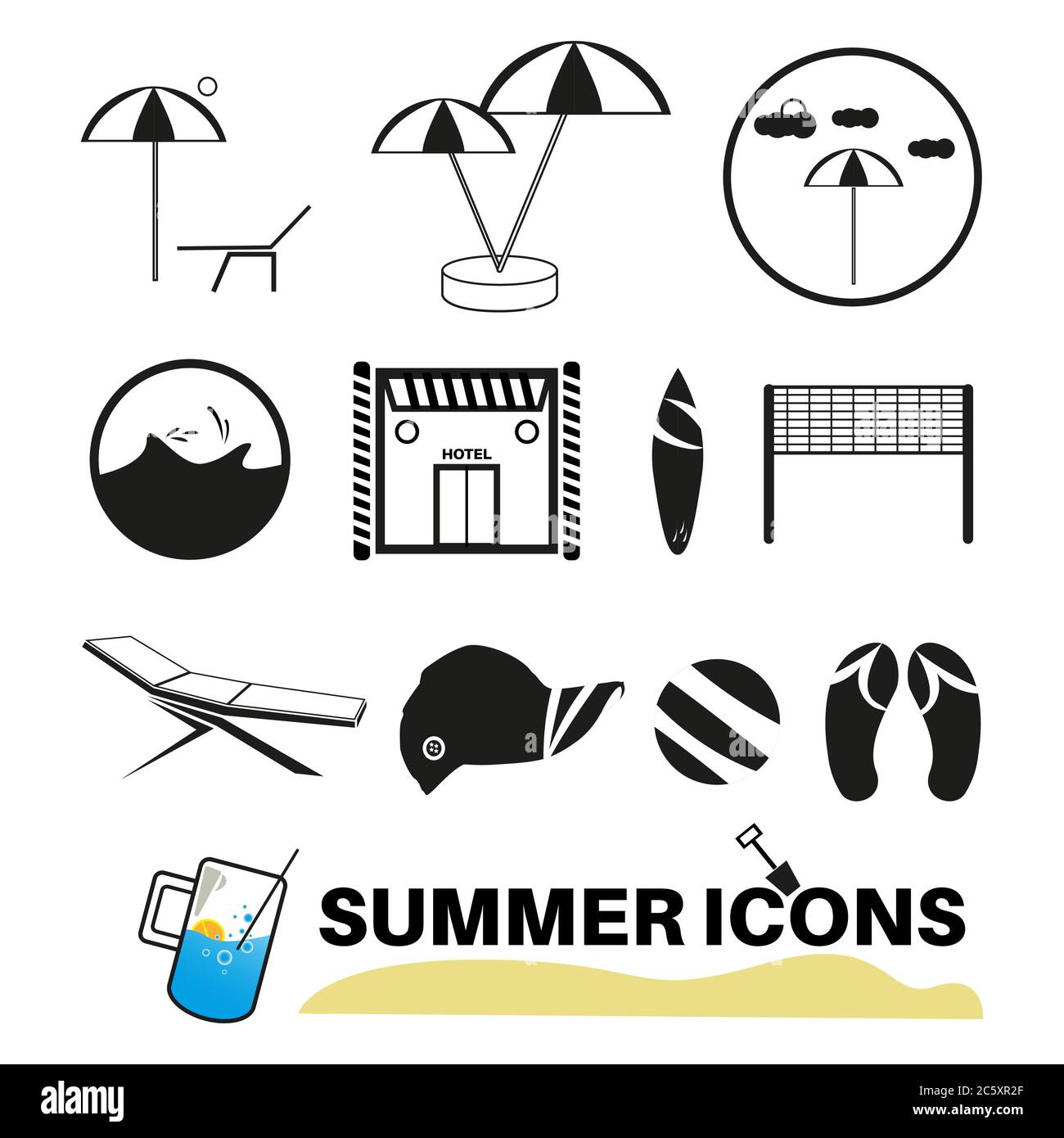 SommerSymbole mit weißem Hintergrund. SchwarzWeißSymbole Stock