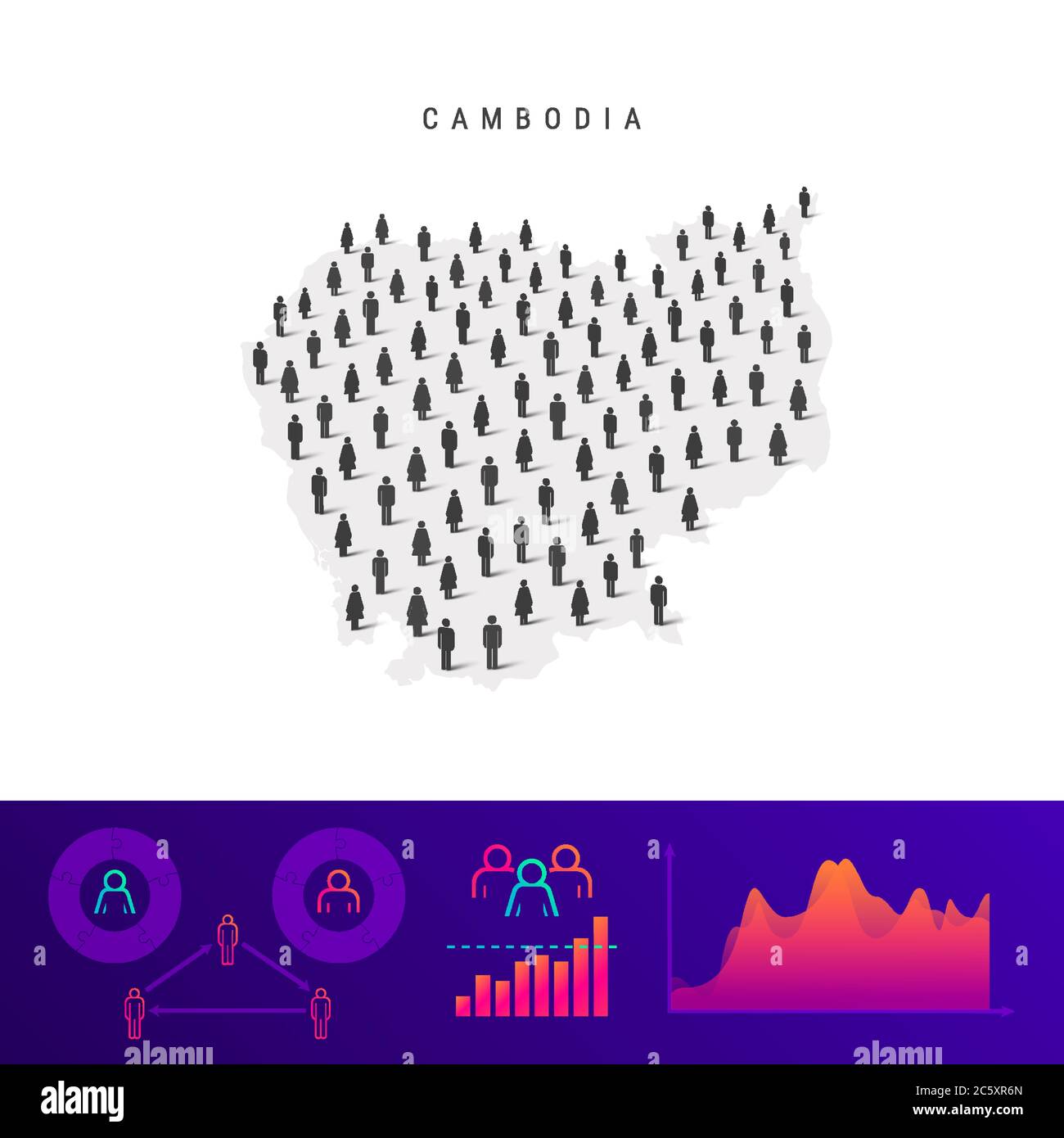 Karte der Kambodscha-Leute. Detaillierte Vektordarstellung. Gemischte Menge von Männern und Frauen Ikonen. Infografik zur Population. Vektordarstellung isoliert ein Stock Vektor