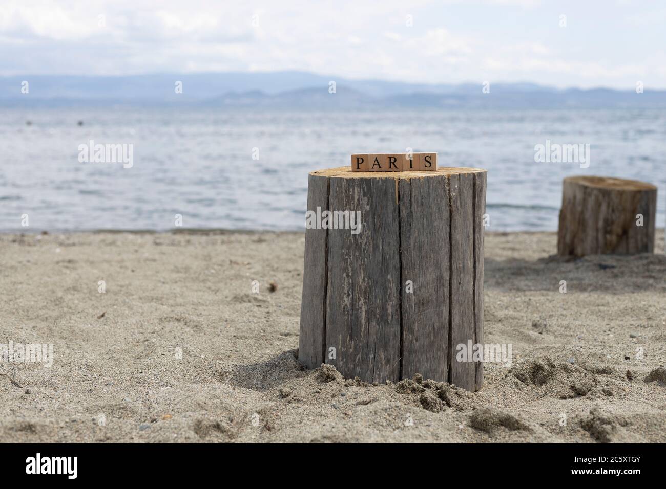 Würfel auf Baumstumpf. Es steht das paris darauf. Nahaufnahme. Stockfoto