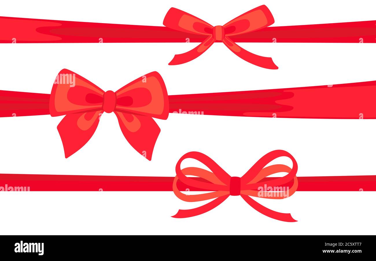 Satinband rot mit Schleifen flach Set verziert. Valentinstag oder Hochzeit oder Weihnachten verziert Bögen. Cartoon Design Elemente für Gegenwart, Feier und Gratulation. Isolierte Vektordarstellung Stock Vektor