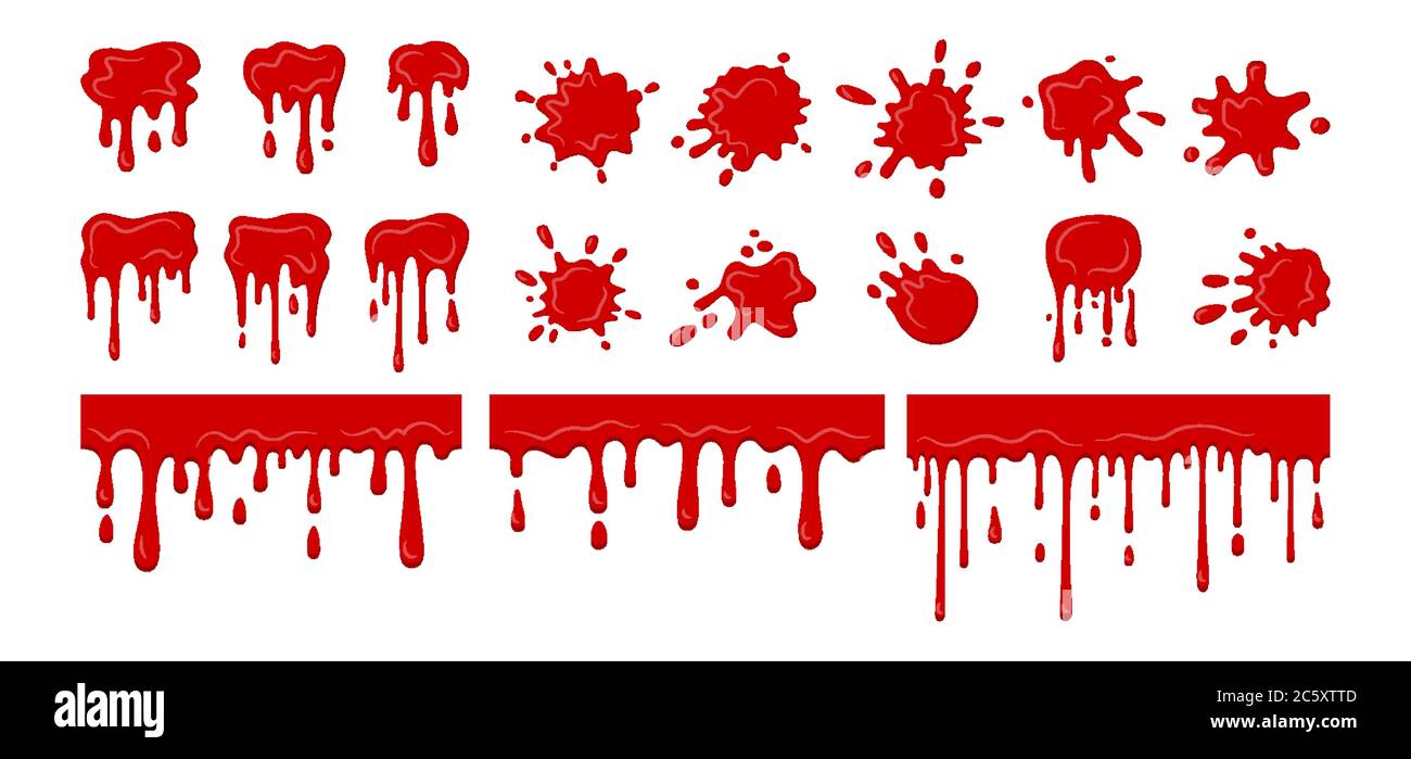 Bluttropfen spritzt BLOB, Sammlung. Bloody current Splatter Kollektion. Halloween dekorative Formen Flüssigkeiten. Fleck Form Sammlung, Tropfen Cartoon flache Spritzer. Isolierte Vektordarstellung Stock Vektor