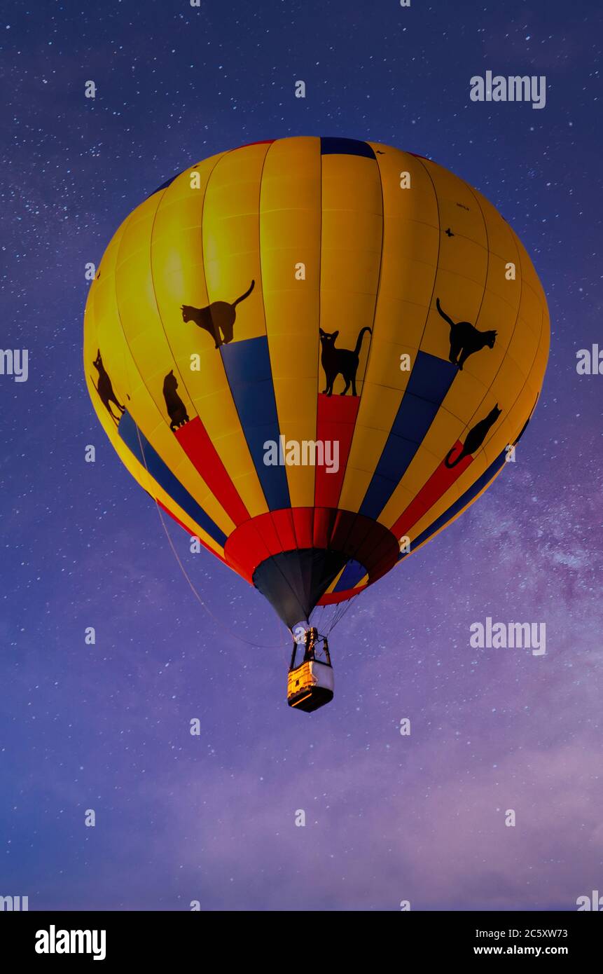 Ein kunstvoller katzenfreundlicher Heißluftballon schwebt bei einer Flugshow durch einen blauen Himmel Stockfoto