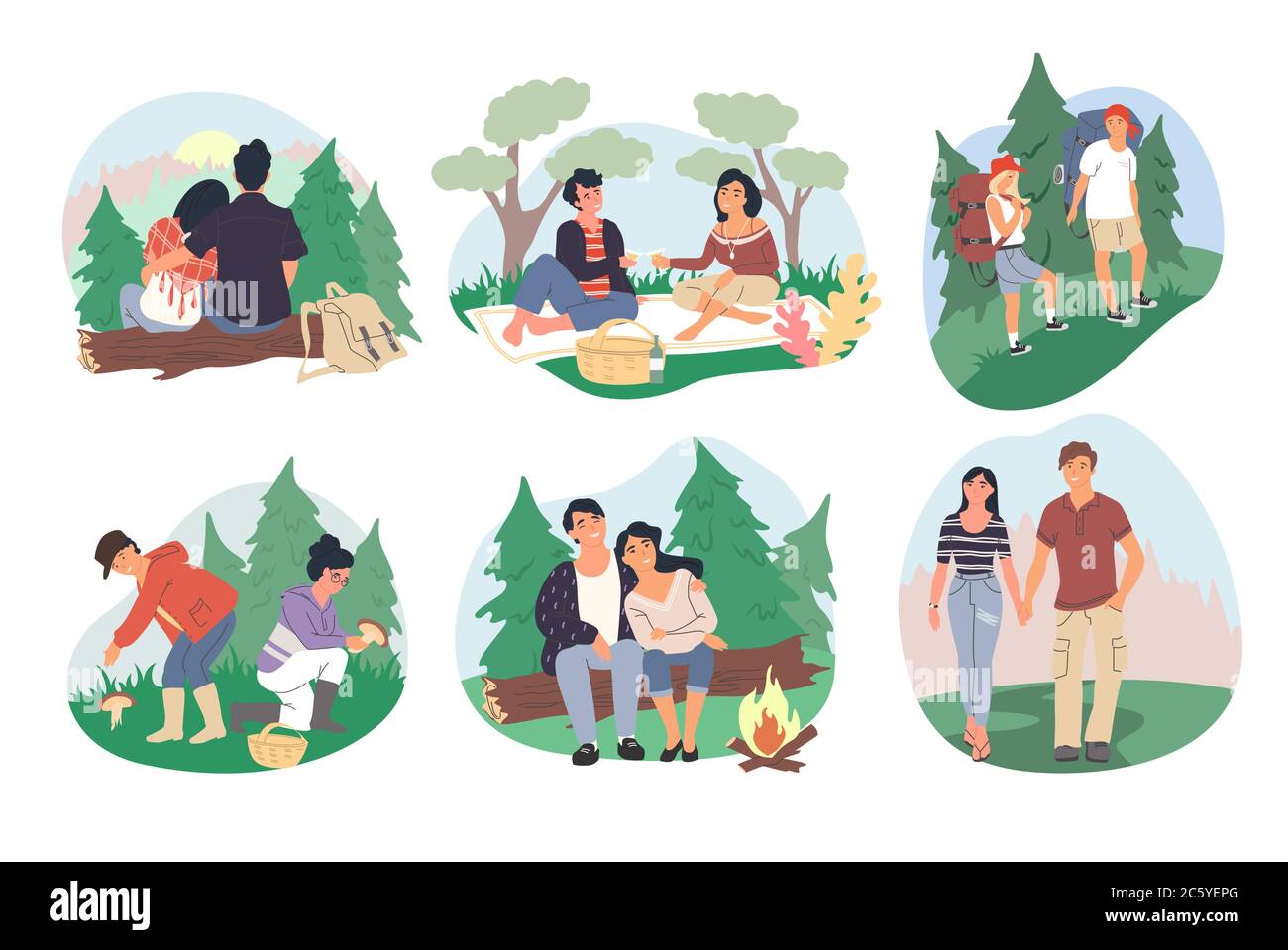 Glückliche Paare Camping im Wald, Vektor flach isoliert Illustration Stock Vektor