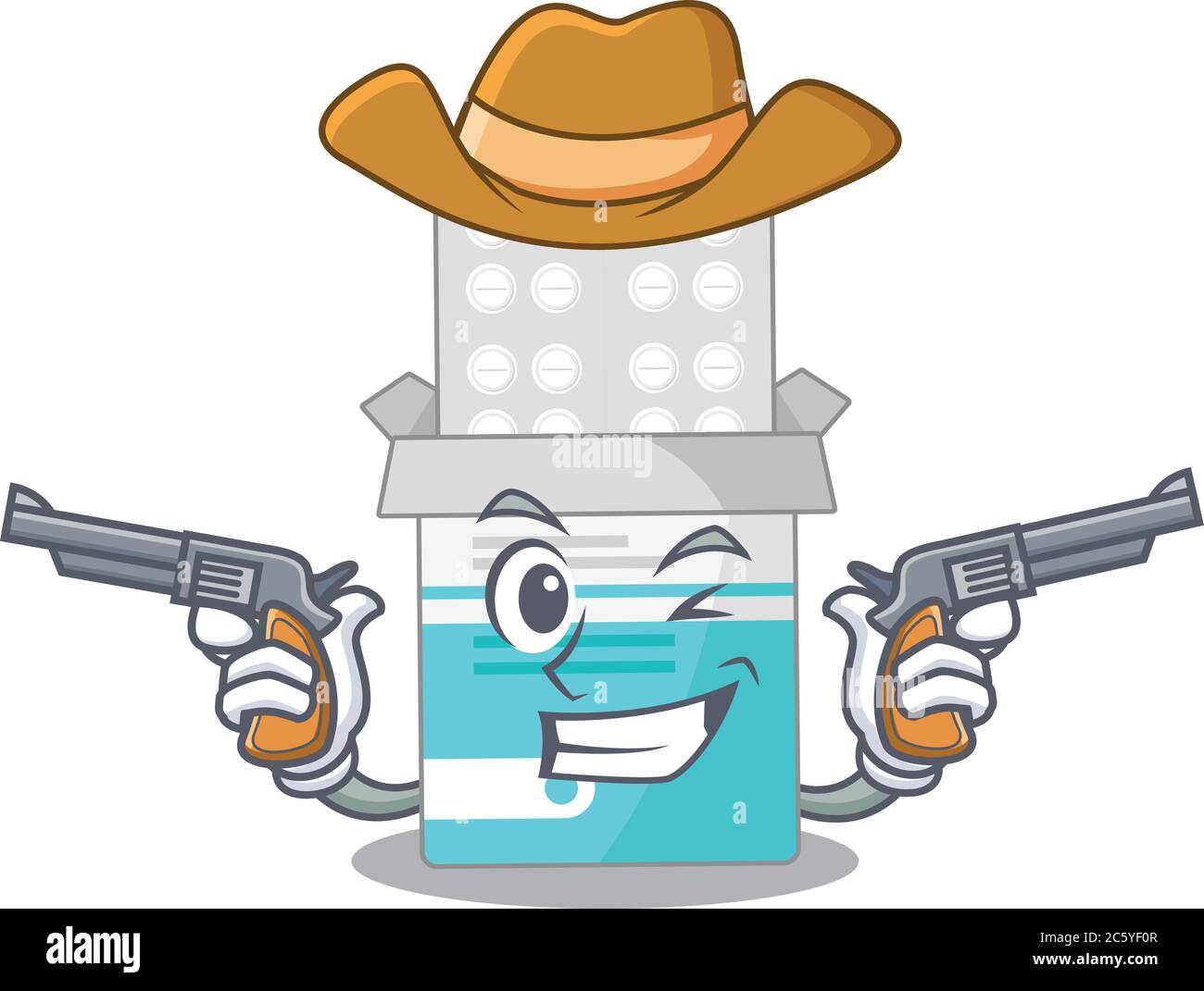 Ein weiser Cowboy der medizinischen Medizin Flasche Cartoon-Design mit Gewehren Stock Vektor