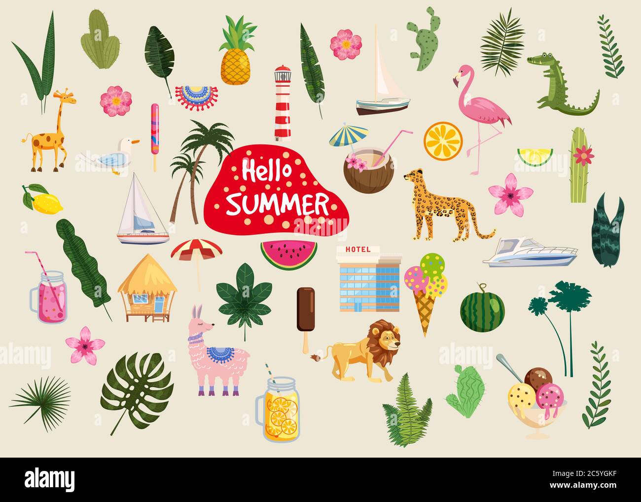 Set von niedlichen trendigen hallo Sommer Ikonen Essen, Getränke, Kaktus, Blumen, Palmblätter Stock Vektor